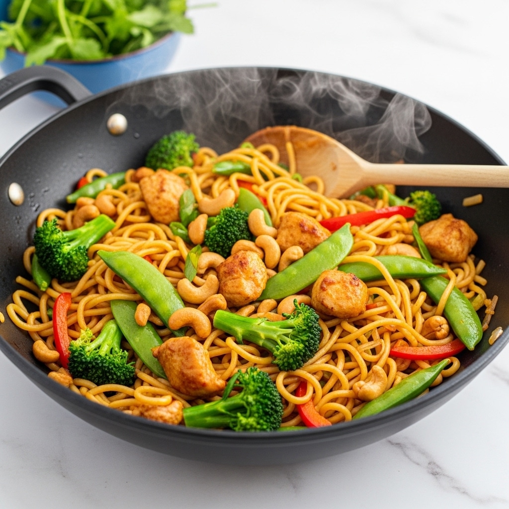 A black wok filled with a colorful stir-fry noodle dish sits on a white marbled surface, steaming hot. The first layer is bright yellow noodles mixed throughout, twisted and shiny with sauce. Scattered evenly on top and within the noodles are green snap peas, small dark green broccoli florets, and bits of red bell pepper, adding bright pops of color. Mixed in are light brown cashew nuts and small pieces of cooked chicken with a golden-brown color. A wooden spoon rests inside the wok, stirring the ingredients together. In the blurred background, a blue bowl holds fresh green herbs. Photo taken with an iphone --ar 4:5 --v 7