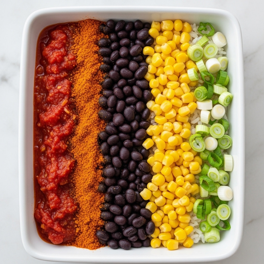 A white rectangular dish shows five layers arranged side by side. Starting from the left, the first layer is a deep red chunky tomato sauce with visible bits of vegetables or meat. Next to it is a thick line of reddish-brown seasoning powder. The middle layer is made of shiny black beans, packed closely together. To the right of that is bright yellow corn, slightly piled on top of a layer of white rice that is partially visible beneath. The last layer, on the far right, is a small pile of chopped green onions with white and green parts mixed. The dish is set on a white marbled surface. Photo taken with an iphone --ar 4:5 --v 7