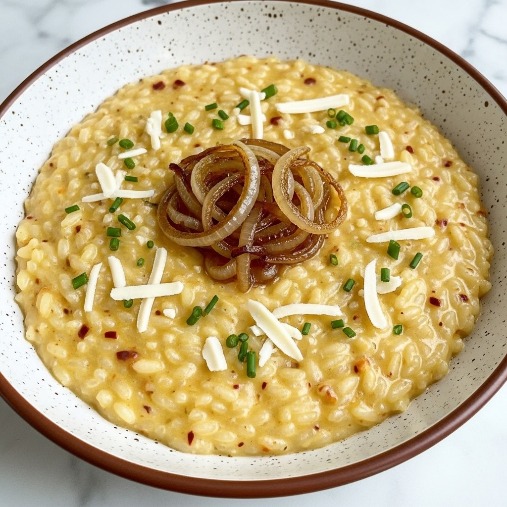 A creamy risotto with a soft, slightly shiny texture fills a speckled white bowl with a brown rim. The risotto is pale yellow with small bits of chili or seasoning mixed in, topped with thin caramelized onions in the center. Scattered around the onions are small shreds of white cheese and tiny green chive pieces. The dish looks smooth and rich, sitting on a white marbled surface. Photo taken with an iphone --ar 4:5 --v 7