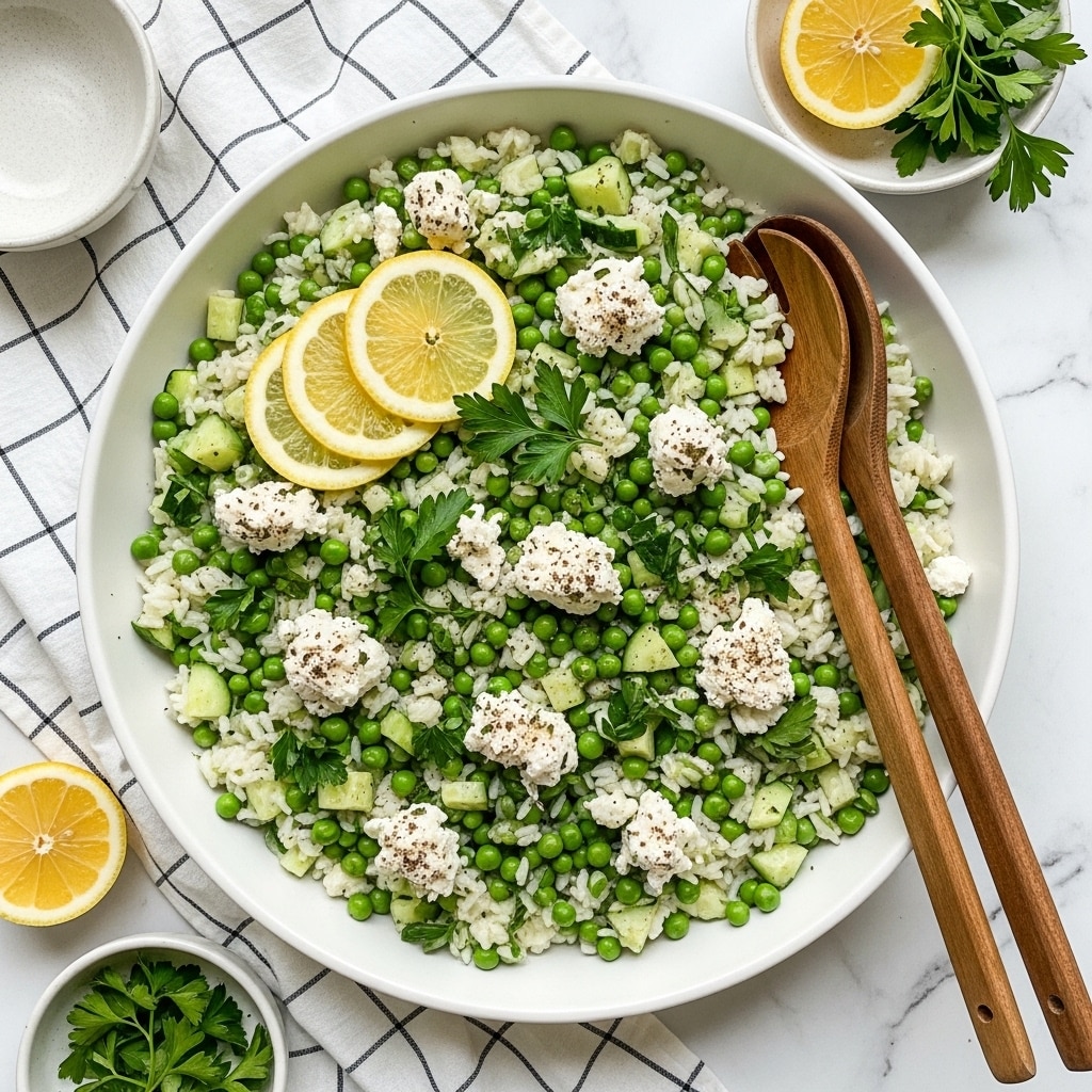 A large white bowl filled with a fresh salad made of small, beige orzo pasta mixed with bright green peas, chopped cucumber pieces, and dark green parsley leaves. Crumbled white cheese is sprinkled evenly throughout the salad. On the right side, three lemon slices with yellow skin and juicy, translucent flesh sit on top of the salad. Two ornate silver spoons rest inside the bowl. The bowl is placed on a white marbled surface, with some additional parsley and small white bowls with ingredients visible in the background. Photo taken with an iphone --ar 4:5 --v 7
