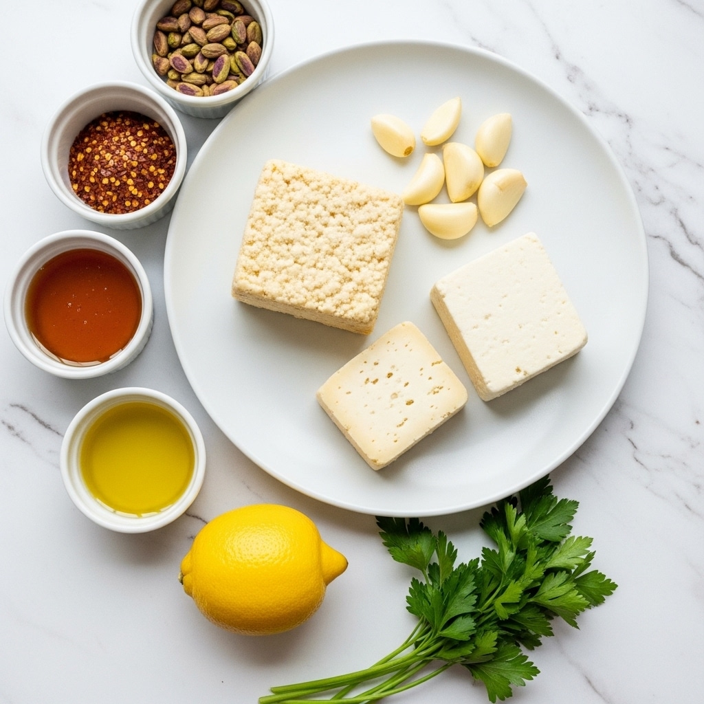 The image shows a white round plate placed on a white marbled surface. On the plate, there are two square blocks of cheese, one larger with a crumbly texture and the other smaller and smooth, along with five peeled garlic cloves arranged near the cheese. Surrounding the plate on the surface are small white bowls containing red chili flakes, green pistachios, amber-colored honey, and golden olive oil. Below these, there is a bright yellow lemon and a small bunch of fresh green parsley, adding color contrast to the setup. Photo taken with an iphone --ar 4:5 --v 7