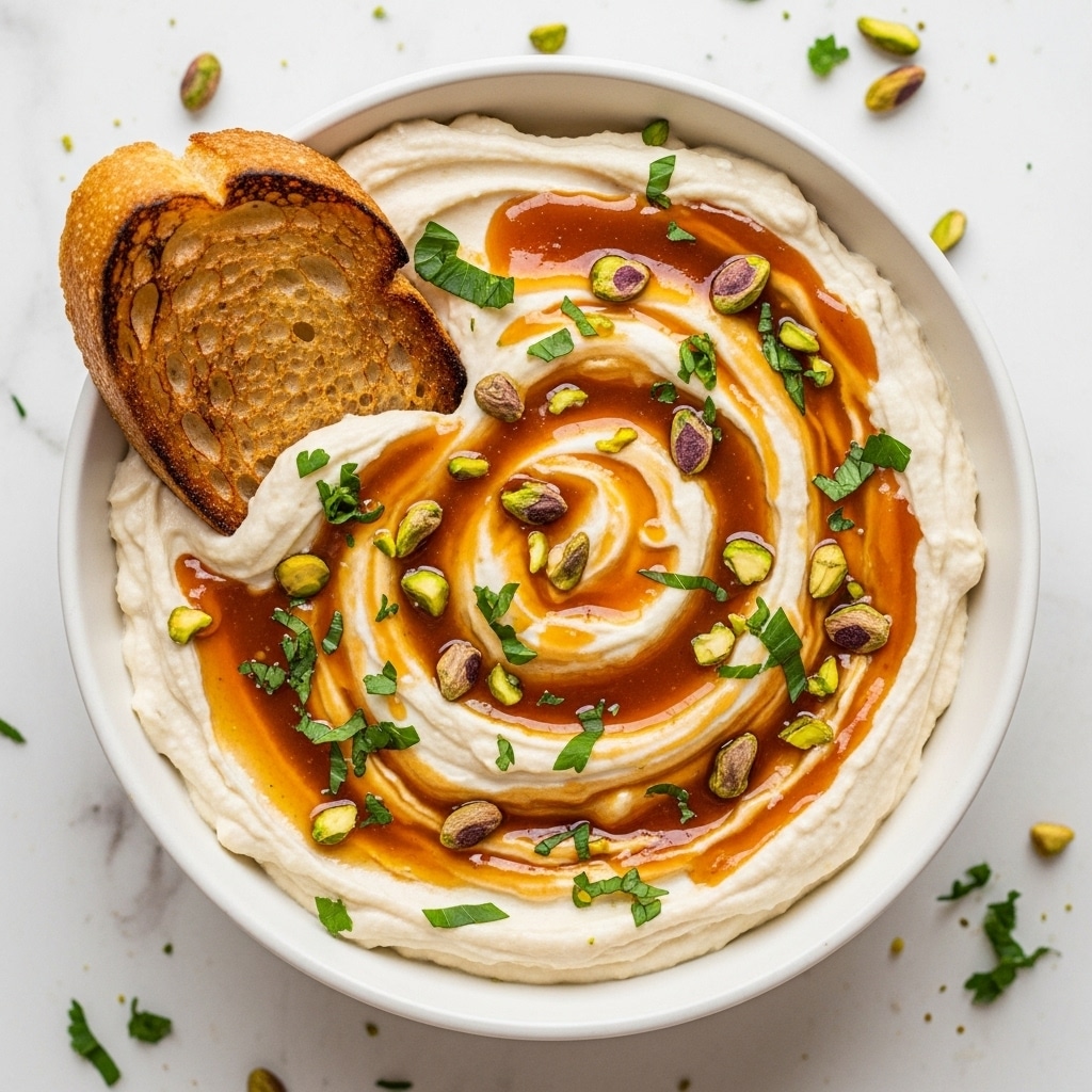 A bowl filled with a thick, smooth white spread, swirled with a caramel-colored sauce on top that has a slightly sticky texture. The sauce is sprinkled with small green pistachio pieces and finely chopped fresh green herbs. One toasted slice of bread with a golden, crispy crust is partially dipped into the spread on the left side of the bowl. The bowl is white and placed on a white marbled surface with scattered herb pieces around it. photo taken with an iphone --ar 4:5 --v 7