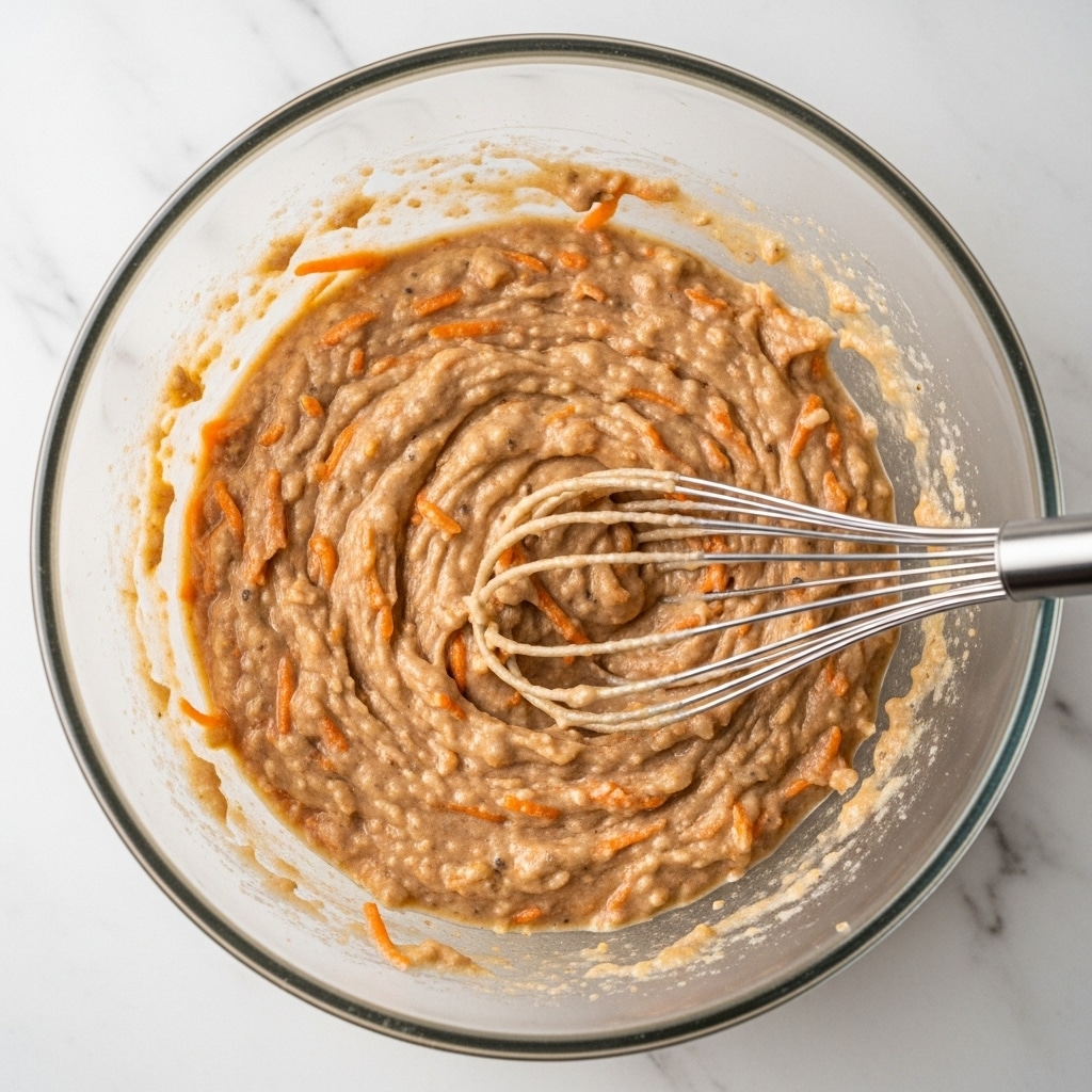 A clear glass bowl filled with a thick, light brown batter with visible small orange carrot shreds and darker small specks throughout. A metal whisk with several thin wires is partially dipped in the batter on the right side of the bowl. The bowl sits on a white marbled surface. The texture of the batter looks smooth with small chunks. photo taken with an iphone --ar 4:5 --v 7