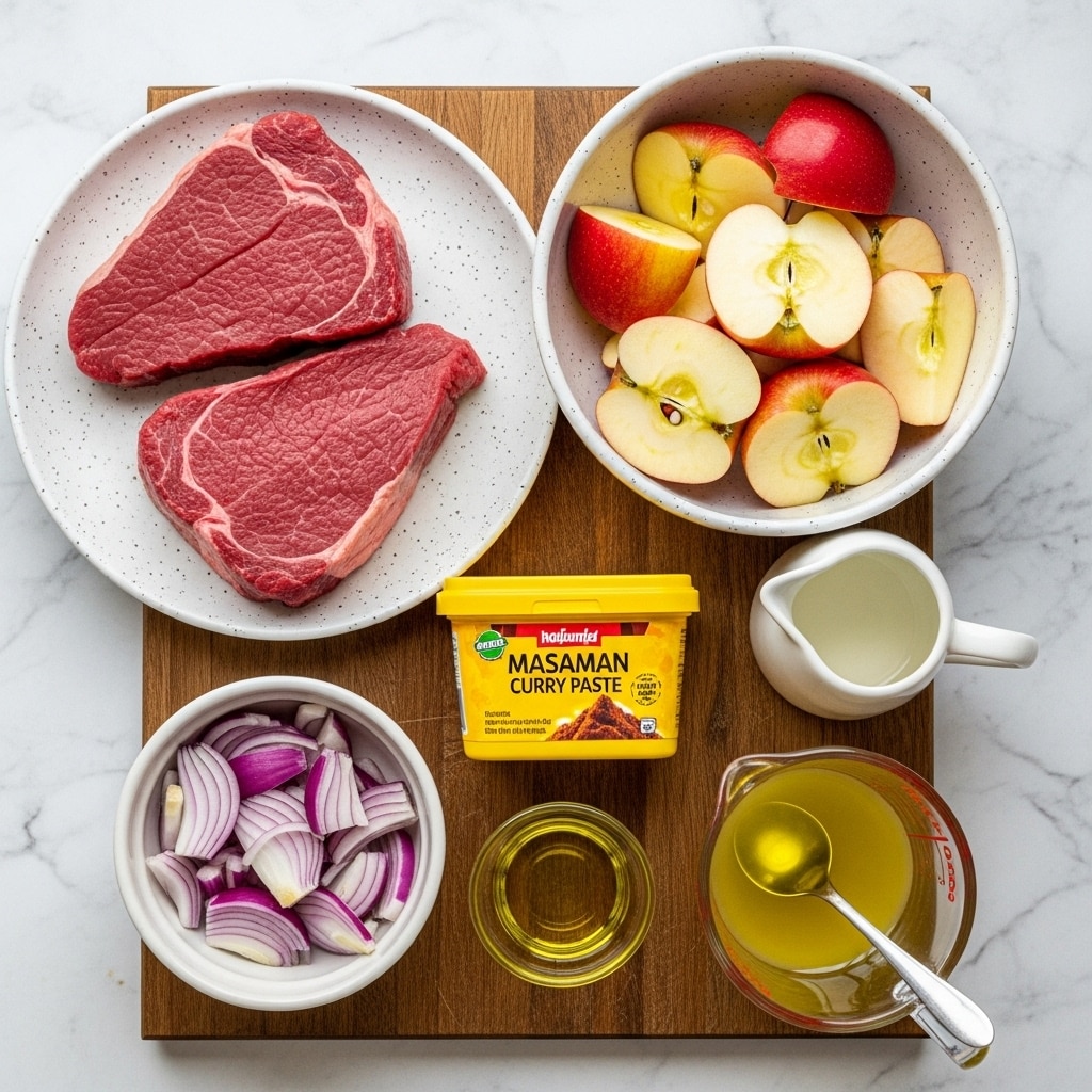 The image shows a top view of ingredients on a wooden surface with a white marbled texture in the background. There are two thick pieces of raw red meat with some fat on a white speckled plate on the top left. To the right, a white speckled bowl holds several apple pieces with red skin and pale yellow inside, all cut into chunks. Next to the apples, a small white ceramic pitcher stands empty. Below the meat plate, a small white bowl contains chopped light purple onion slices. A small yellow container of Masaman curry paste sits in the center, with a small dish of golden olive oil below it. On the bottom right, a clear glass measuring jug holds pale yellow liquid with a spoon inside. The whole scene is well-lit and clear. photo taken with an iphone --ar 4:5 --v 7