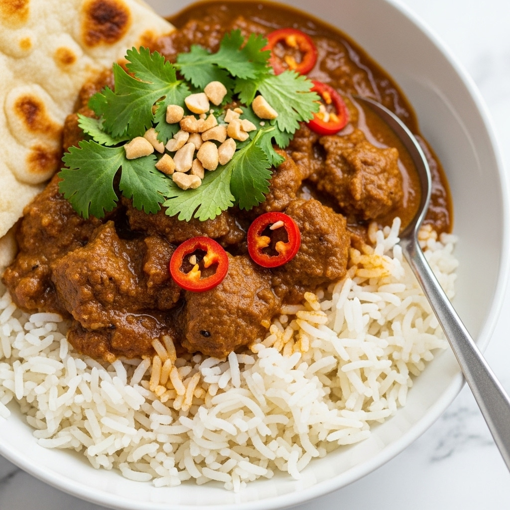 A close-up of a bowl with three layers: the bottom layer is white rice with some grains scattered unevenly; the middle layer is a thick brown curry with chunks of meat and small pieces of red chili pepper mixed in; the top layer shows fresh green cilantro leaves and chopped peanuts sprinkled on top, plus a piece of flatbread on the side resting against the rice. A silver spoon is partially submerged in the curry on the right side of the bowl. The bowl is white and placed on a white marbled surface. Photo taken with an iphone --ar 4:5 --v 7