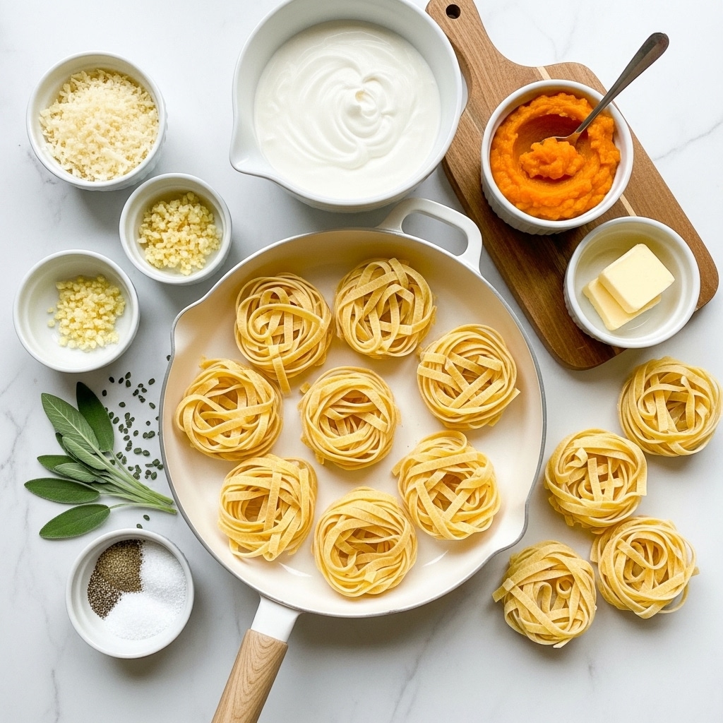 The image shows a white round pan with a wooden handle on a white marbled surface, filled with eight nests of pale yellow fettuccine pasta placed evenly inside and a few nests outside the pan. Next to it, on a small wooden board, there is a small white bowl filled with bright orange pumpkin puree with a spoon, and a smaller white bowl containing two yellow pats of butter. Nearby, a large white bowl holds smooth white heavy cream. To the left, three small white bowls contain shredded pale yellow parmesan cheese, minced light yellow garlic, and a mix of black pepper and white salt spices. A few fresh green sage leaves with small bits scattered beside them finish the arrangement. Photo taken with an iphone --ar 4:5 --v 7