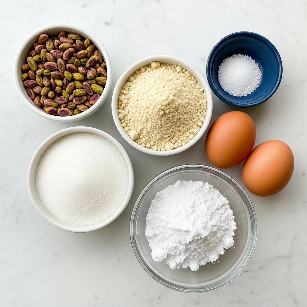 The image shows five small bowls and two brown eggs placed on a white marbled surface. The top left bowl contains green and purple pistachio nuts with a smooth texture. To its right is a bowl filled with a beige, grainy powder that looks like almond flour. Below the pistachios is a bowl of white granulated sugar with a fine texture. To the right of the sugar is a clear glass bowl containing white powdered sugar that appears soft and fluffy. Lastly, near the top right edge, there is a small dark blue bowl holding a small amount of coarse white salt. The two brown eggs have smooth shells and are placed close to the bowls. Photo taken with an iphone --ar 4:5 --v 7