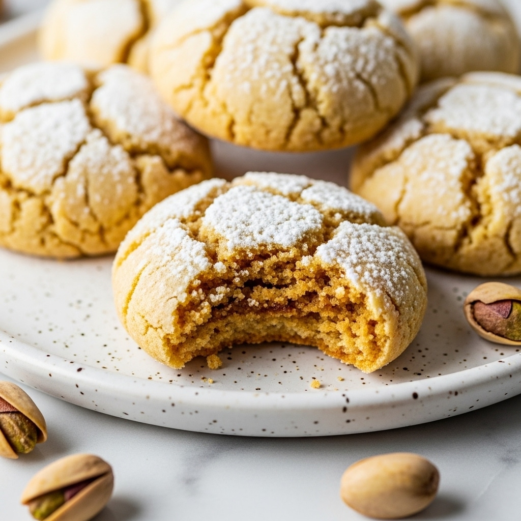 The image shows several round, cracked cookies on a white speckled plate, with one cookie in the front that has a bite taken out, revealing a slightly crumbly, textured inside with a warm brown color. The cookies are dusted with white powdered sugar, which creates a soft, uneven layer on their golden surface. A few light brown pistachios are placed around the plate, on top of a white marbled surface. The photo is focused closely to show the cookie textures and the subtle cracks on them, giving a warm inviting look. Photo taken with an iphone --ar 4:5 --v 7