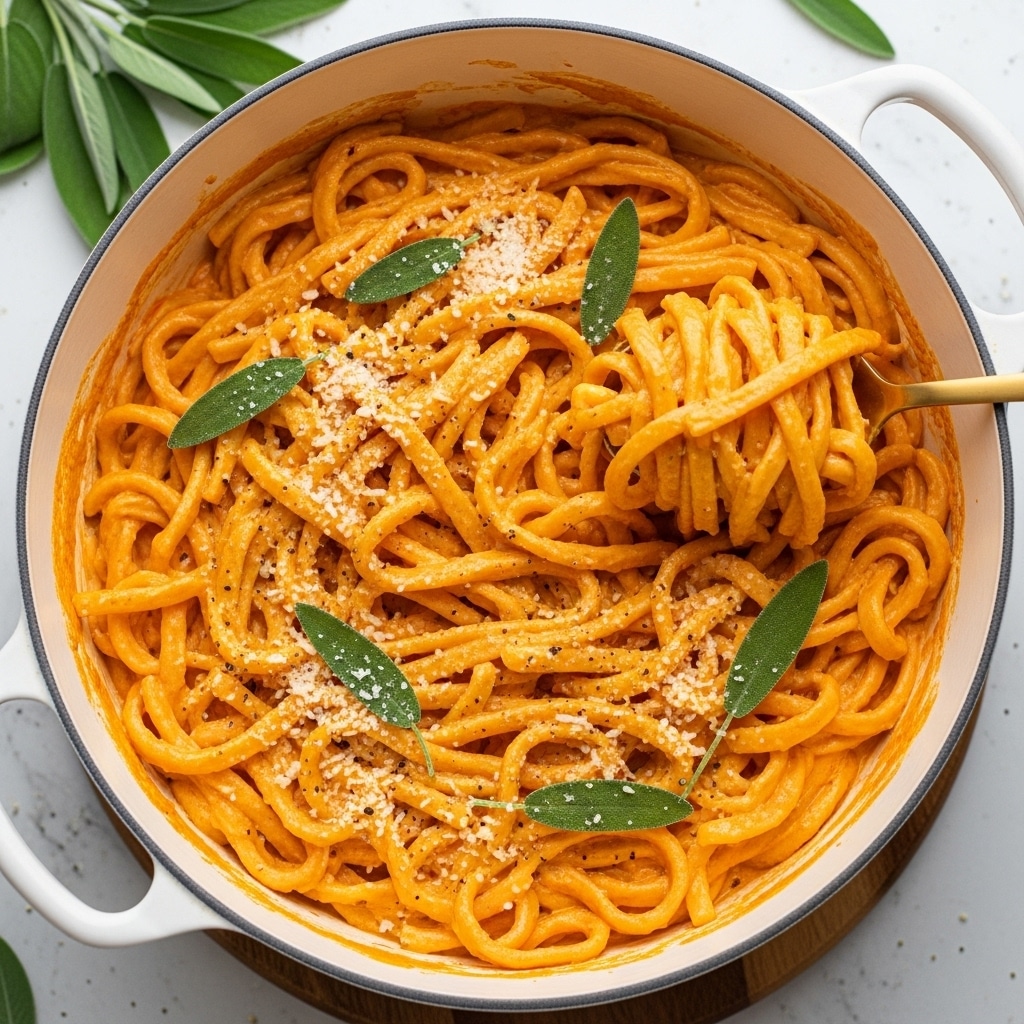 A large white pot filled with creamy orange pasta noodles that are thick and ribbon-like, layered loosely and coated evenly in a smooth, rich sauce. The surface is dotted with small grated cheese bits and black pepper specks, adding texture. Fresh green sage leaves are scattered on top, giving a contrast in color and a touch of freshness. A golden spoon is lifting some noodles on the right side, with noodles curling softly around it. The pot sits on a white marbled surface with a wooden board and green leaves slightly visible in the background. Photo taken with an iphone --ar 4:5 --v 7