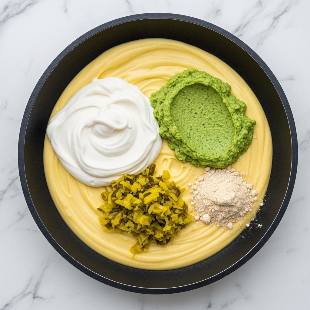 The image shows a black pan filled with a smooth, pale yellow base layer covering most of the pan. On top of this base, there are four distinct sections: a large, creamy white swirl on the left, a bright green textured paste on the right, a pile of chopped yellow-green vegetables near the bottom, and a small mound of light beige powder beside the vegetables, all sitting on the yellow base. The pan is set on a surface with a white marbled texture in the background. Photo taken with an iphone --ar 4:5 --v 7