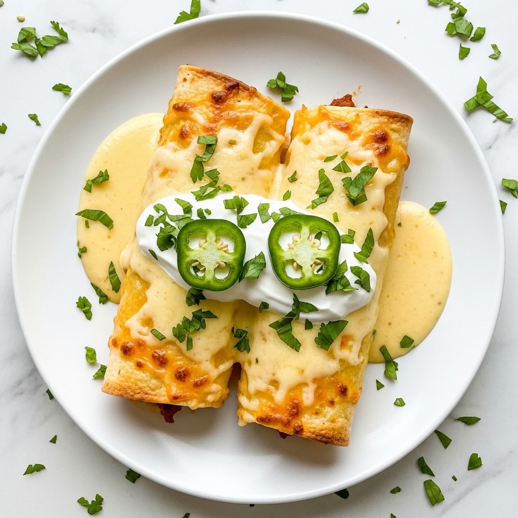 Two rolled enchiladas are placed side by side on a round white plate. Each enchilada is covered in a creamy, light yellow cheese sauce that is slightly browned on the edges and appears smooth and thick. On top, there is a dollop of white sour cream with bright green chopped herbs sprinkled all over. Two slices of fresh green chili pepper rest on the sour cream and the opposite enchilada. The plate is on a white marbled surface with scattered small pieces of chopped herbs around it. photo taken with an iphone --ar 4:5 --v 7