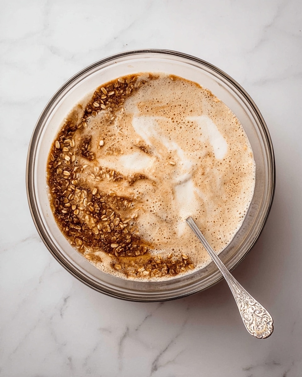 A clear glass bowl sits on a white marbled surface filled with a mix of layers. The bottom layer is dark brown and grainy with visible oats scattered throughout. Above this, a frothy, creamy layer swirls across the top, blending slightly with the oats underneath in a marbled effect of light beige and brown. A silver spoon with delicate patterns on the handle rests inside the bowl, partly submerged in the mixture. The overall look is textured with a mix of smooth foam and rough oats photo taken with an iphone --ar 4:5 --v 7