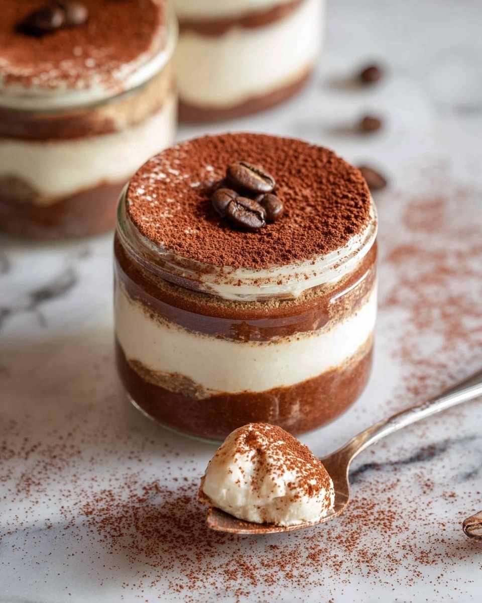 A small clear glass jar holds a dessert with three layers: the bottom layer is a thick, dark brown mixture, the middle layer is creamy white, and the top layer is a light brown dusting of cocoa powder with a small coffee bean placed on top. The jar sits on a white marbled surface sprinkled with cocoa powder and a few scattered coffee beans. A silver spoon rests in front, carrying a scoop of the dessert showing the same three layers. Another jar with the same dessert is partly visible in the background. The photo is taken with an iphone --ar 4:5 --v 7