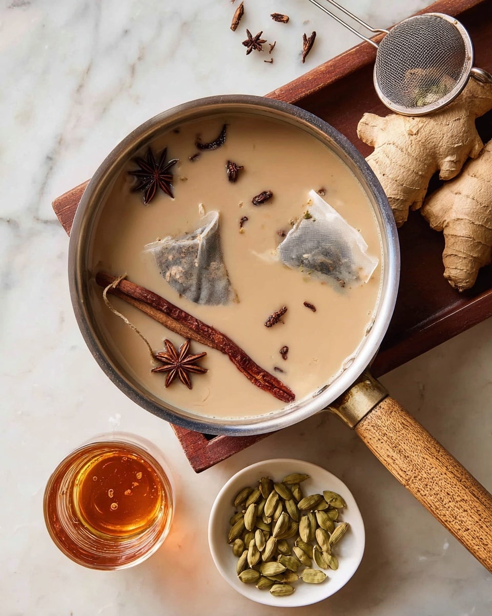 A metal pan with a wooden handle is filled with creamy light brown liquid, floating two tea bags, two cinnamon sticks, star anise, and other small spices like cardamom and cloves. Next to the pan, a small white bowl holds green cardamom pods on a brown tray, alongside a fresh piece of ginger root. A small glass container with amber liquid sits on the white marbled surface nearby, with a fine mesh strainer placed nearby. photo taken with an iphone --ar 4:5 --v 7