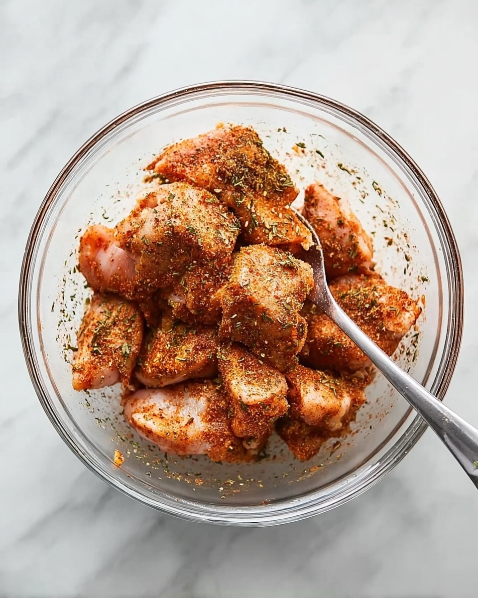 A clear glass bowl filled with several pieces of raw chicken coated in a reddish-brown spice mix, showing a rough, grainy texture of herbs and seasonings evenly spread on the meat. A metal spoon rests inside the bowl, partially submerged under the seasoned chicken. The bowl sits on a white marbled surface. photo taken with an iphone --ar 4:5 --v 7