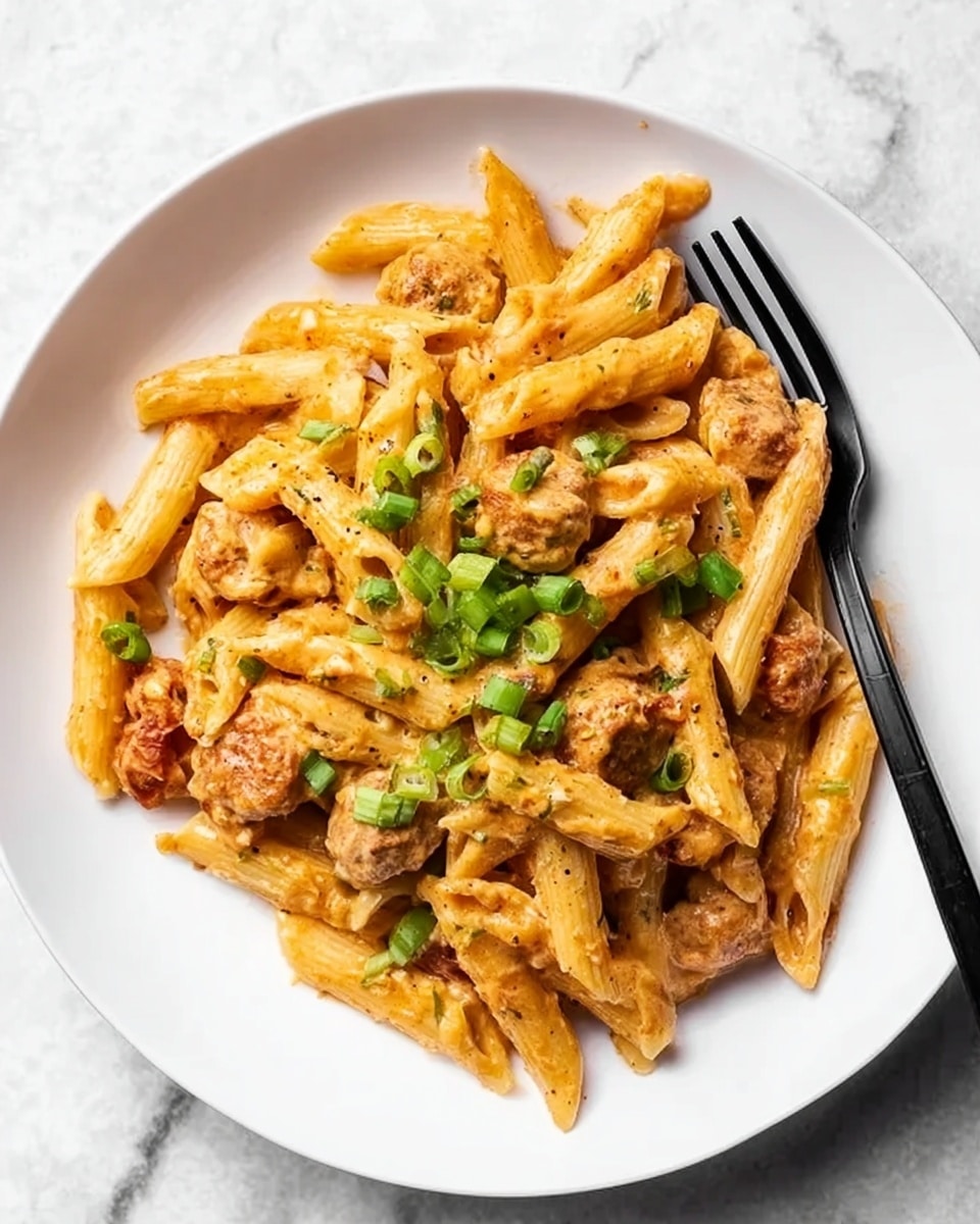 A white plate filled with creamy pasta made of penne noodles mixed with pieces of sausage in a light orange sauce. The pasta is scattered with small chopped green onions on top, adding a fresh green color contrast. A black fork is placed on the right side of the plate, partially resting on the pasta. The whole dish sits on a white marbled surface. photo taken with an iphone --ar 4:5 --v 7
