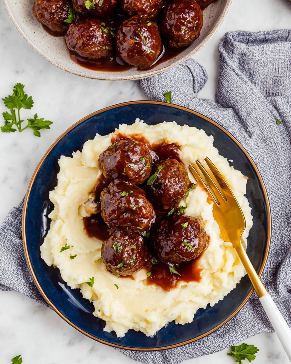 The image shows a plate with a base layer of creamy, white mashed potatoes spread evenly in a circular shape, topped with a cluster of dark brown meatballs covered in a thick, shiny dark sauce. The sauce also drips slightly over the mashed potatoes. A gold and white fork is inserted into one meatball on the right side of the plate. The plate is white with a blue inner rim and placed on a white marbled surface. Nearby, there is another plate filled with meatballs, part of a bowl of mashed potatoes, two gold and white forks, and some parsley leaves scattered around. Photo taken with an iphone --ar 4:5 --v 7