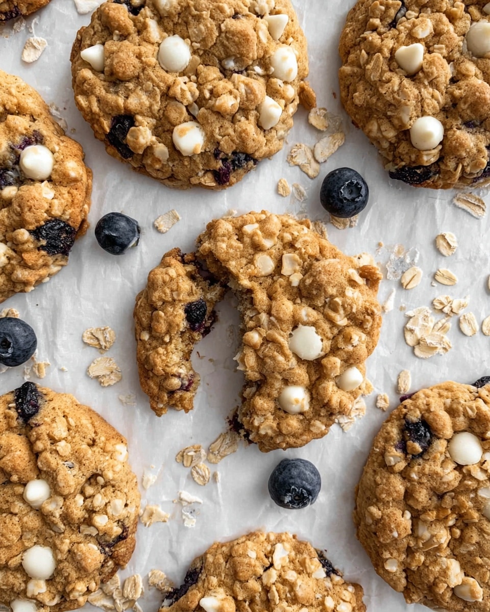A group of seven round oatmeal cookies with white chocolate chips and dark berries scattered on white parchment paper over a white marbled surface. One cookie is in the center with a single bite taken out from the side, showing the textured oats and embedded white chocolate chips. Crumbs and oats are scattered around the cookies, with three fresh blueberries visible near the edges. The cookies have a golden brown color and a rough, crumbly texture, highlighting the mix of oats, white chocolate, and berries. photo taken with an iphone --ar 4:5 --v 7