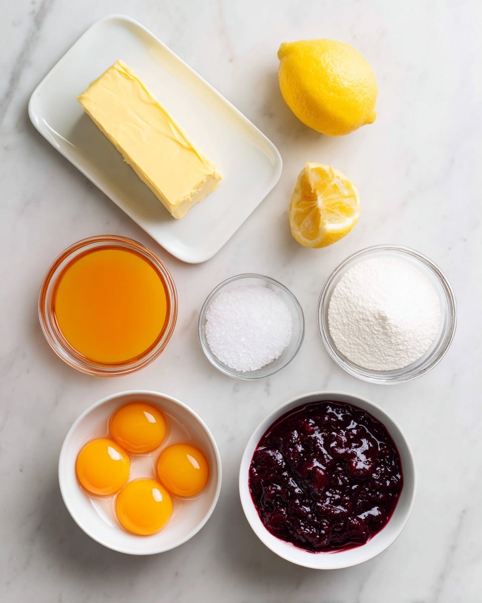 A top view of several ingredients arranged on a white marbled surface, including a rectangular white plate at the top holding a large stick of yellow butter and a smaller piece beside it, a half yellow lemon placed to the right, a small white bowl with white granulated powder above the center, a transparent glass container with a thick orange liquid to the left, a small clear glass bowl with white salt below the center, a white bowl at the bottom left filled with seven bright orange egg yolks, and a white bowl at the bottom right containing a thick, dark purple-red berry jam with visible seeds and a shiny texture photo taken with an iphone --ar 4:5 --v 7