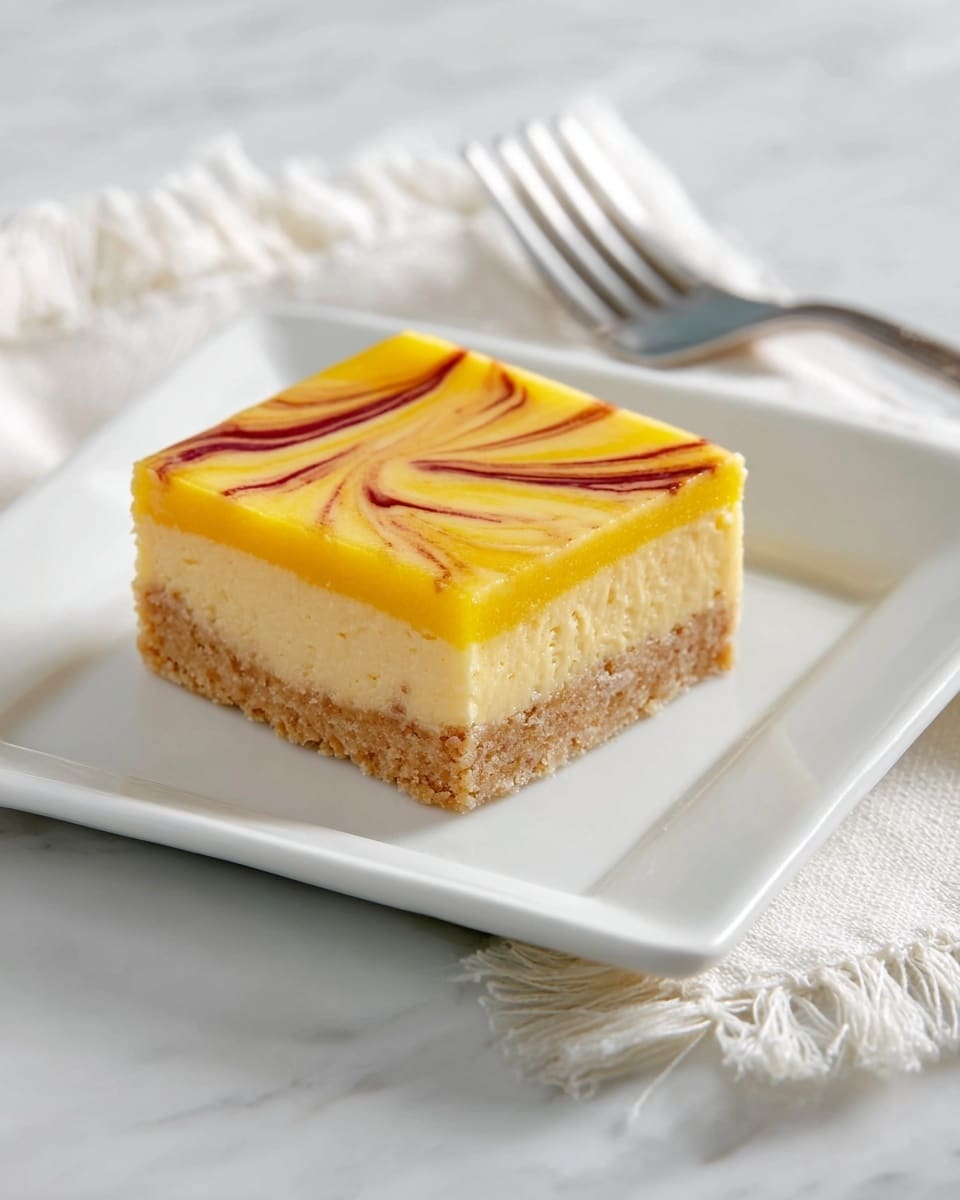 The image shows a square dessert piece with two clear layers on a white square plate. The bottom layer is light beige and has a rough texture like a soft cookie or crust. The top layer is thick and smooth with a bright yellow color, swirled with thin lines of reddish-brown sauce that creates a decorative pattern on the surface. The plate rests on a white marbled surface, with a silver fork placed to the right side behind the dessert and a white cloth with fringed edges in the background. Photo taken with an iphone --ar 4:5 --v 7
