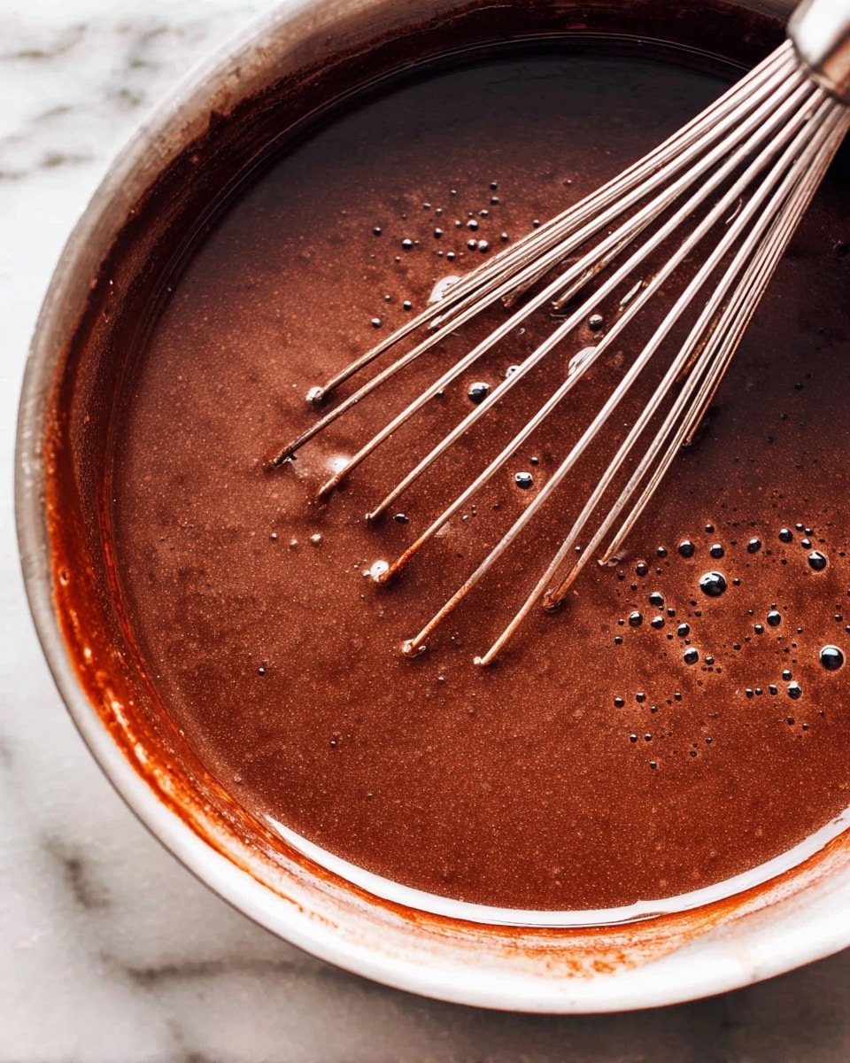 A close-up image of a pot filled with smooth, dark brown chocolate sauce that has some small bubbles on the surface showing its thickness. A metal whisk is partially submerged on the right side, with thin lines of chocolate clinging to its wires. The pot’s inside edge shows a ring of darker chocolate residue with a slightly sticky texture. The background has a white marbled surface. photo taken with an iphone --ar 4:5 --v 7