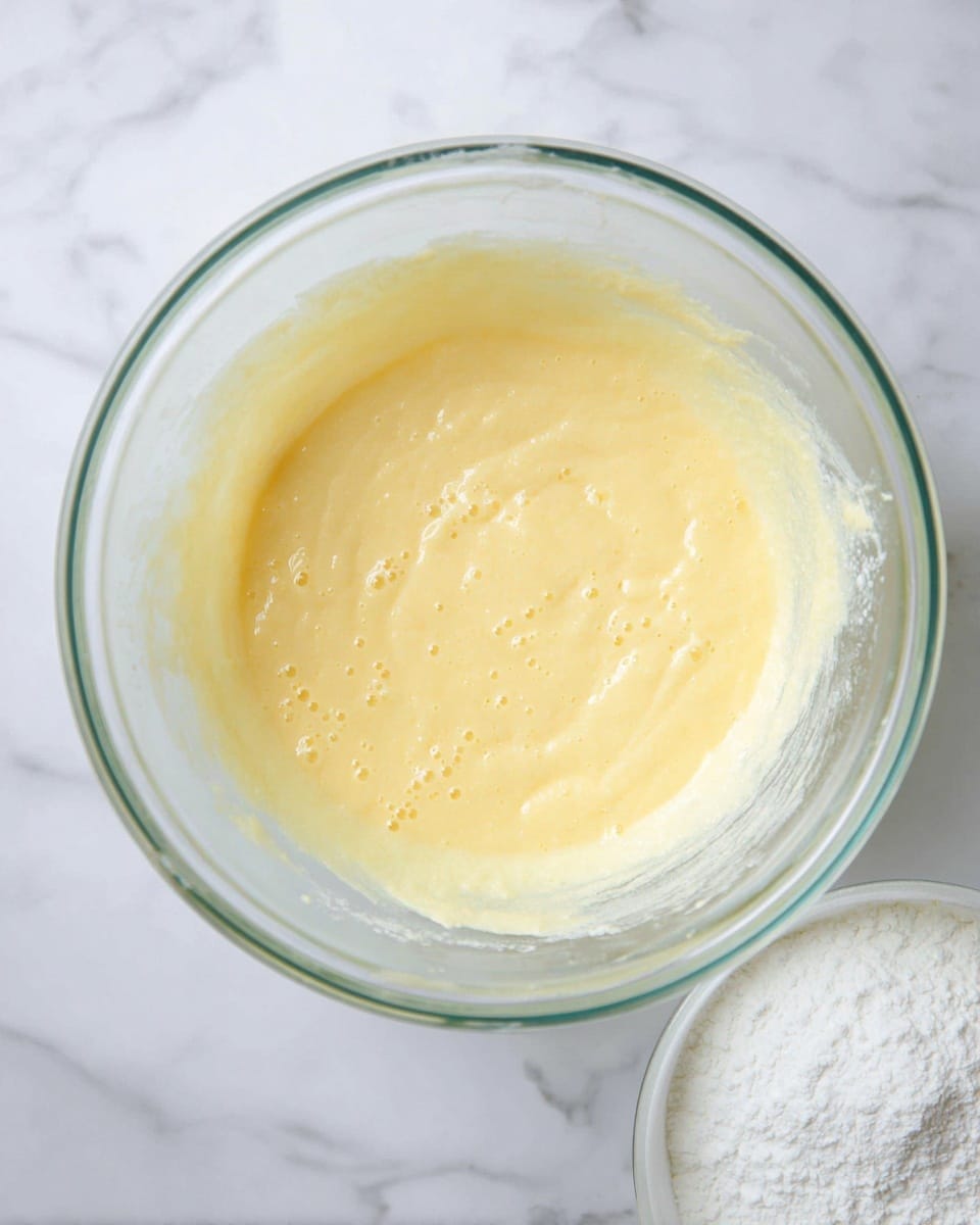 A clear glass bowl sits on a white marbled texture surface, filled with a smooth, pale yellow batter that has a slightly thick and creamy texture with small air bubbles visible. The batter evenly coats the inside of the bowl, showing soft swirling patterns and a few thicker parts, giving it a rich look. Part of a white container with white powder is visible in the bottom right corner. Photo taken with an iphone --ar 4:5 --v 7
