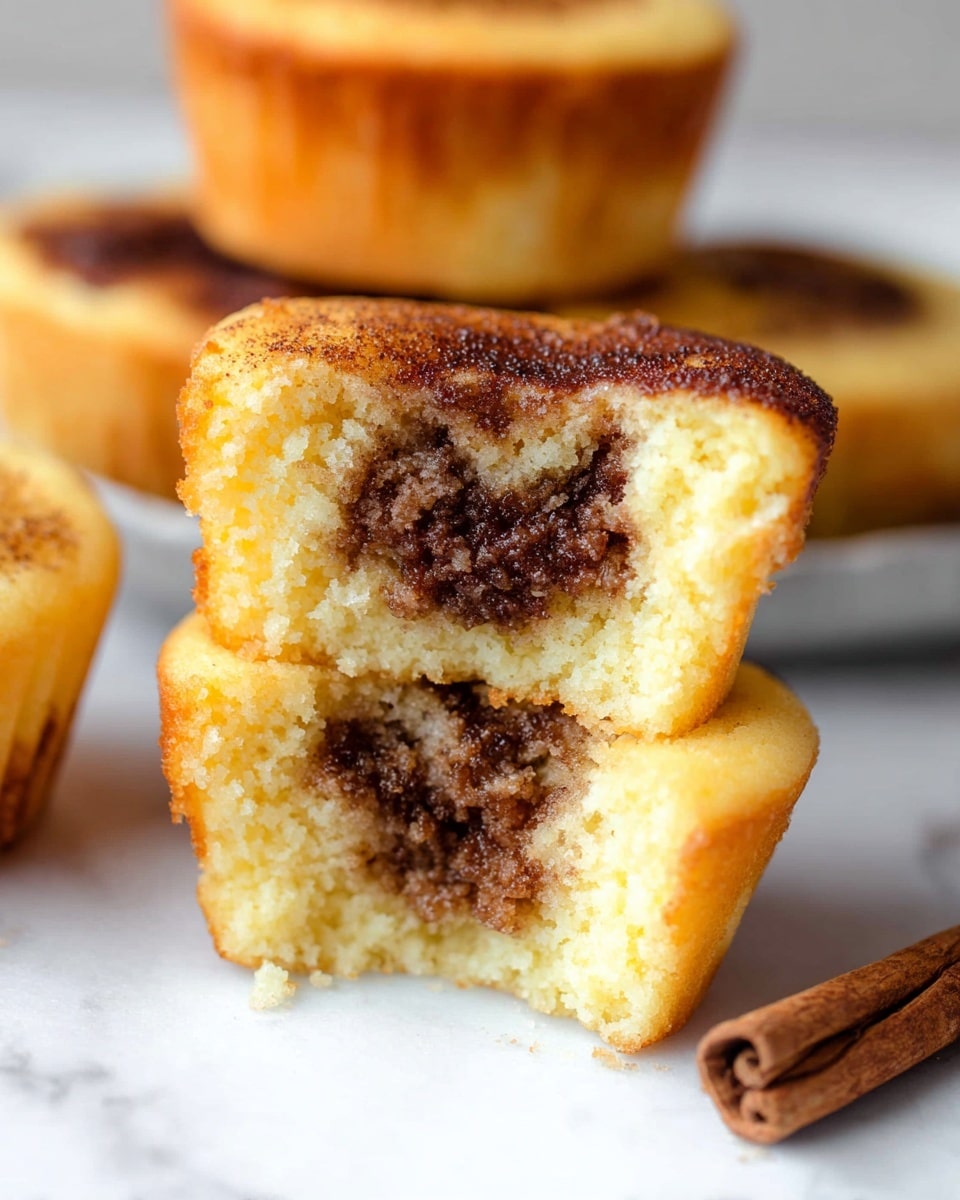 The image shows a close-up of a moist muffin with a golden brown top layer and a thick light yellow cake layer surrounding a dark brown, crumbly filling in the center. The muffin is split in half, revealing the texture inside with the brown filling appearing soft and slightly sticky. Behind it, there are stacked muffins of the same kind with golden tops and light yellow sides with brown spots. The surface is white marbled with a cinnamon stick partially visible at the bottom right corner. Photo taken with an iphone --ar 4:5 --v 7