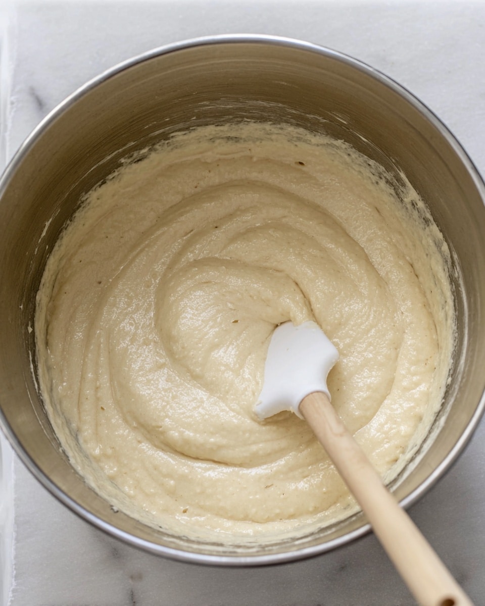 The image shows a metal mixing bowl filled with smooth, creamy light beige batter that has a slightly thick texture with small air bubbles dispersed throughout. A white spatula with a light wooden handle rests inside the bowl, partly dipped into the batter, creating soft ridges and swirls on the surface. The bowl is placed on a white marbled surface, adding a clean and bright look to the scene. Photo taken with an iphone --ar 4:5 --v 7