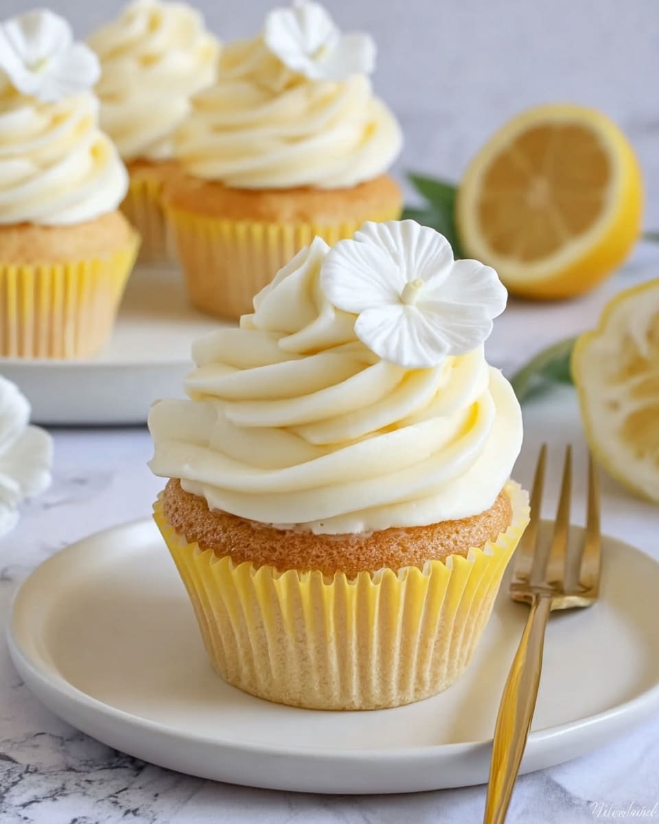 A lemon cupcake with a yellow paper liner sits on a white plate with a smooth texture. The cupcake has one layer of golden-brown cake topped with a thick swirl of pale yellow cream frosting. On top of the frosting, there is a delicate white flower made of sugar as decoration. In the background, additional similar cupcakes are visible, as well as a halved lemon showing its fresh, textured interior. A small gold fork lies next to the cupcake on the plate, and the surface beneath everything is a white marbled texture. Photo taken with an iphone --ar 4:5 --v 7