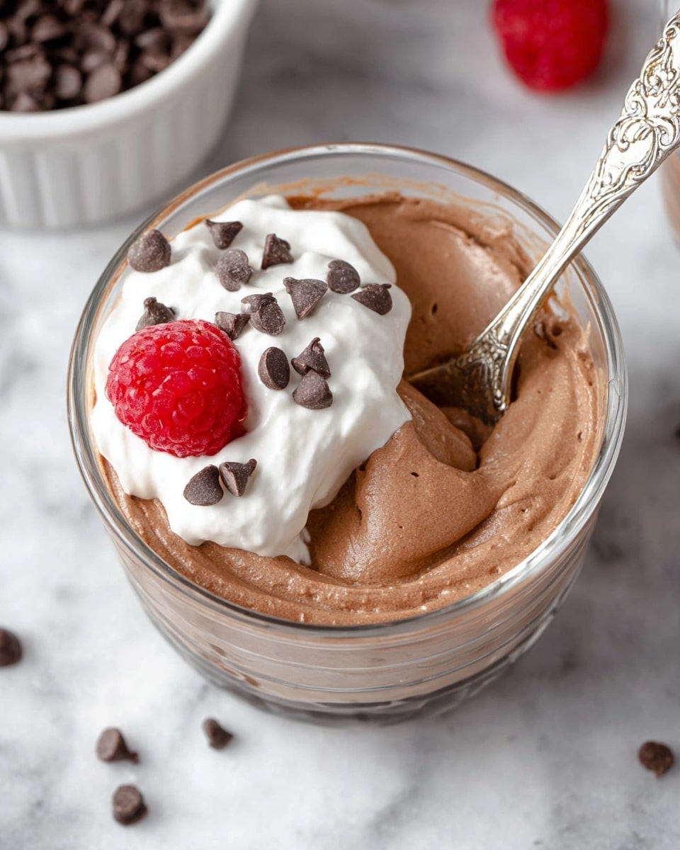 A clear glass bowl shows a smooth, thick chocolate mousse layer with a light brown color filling most of the bowl. On the top left side of the mousse, there is a dollop of bright white whipped cream sprinkled with small, dark brown chocolate chips scattered over it. A single vibrant red raspberry sits on top of the whipped cream near the edge. Inside the bowl, an ornate silver spoon with floral patterns is partially dipped into the mousse. The bowl is placed on a white marbled surface with a blurred white bowl holding small dark chocolate chips visible in the upper left corner. Photo taken with an iphone --ar 4:5 --v 7