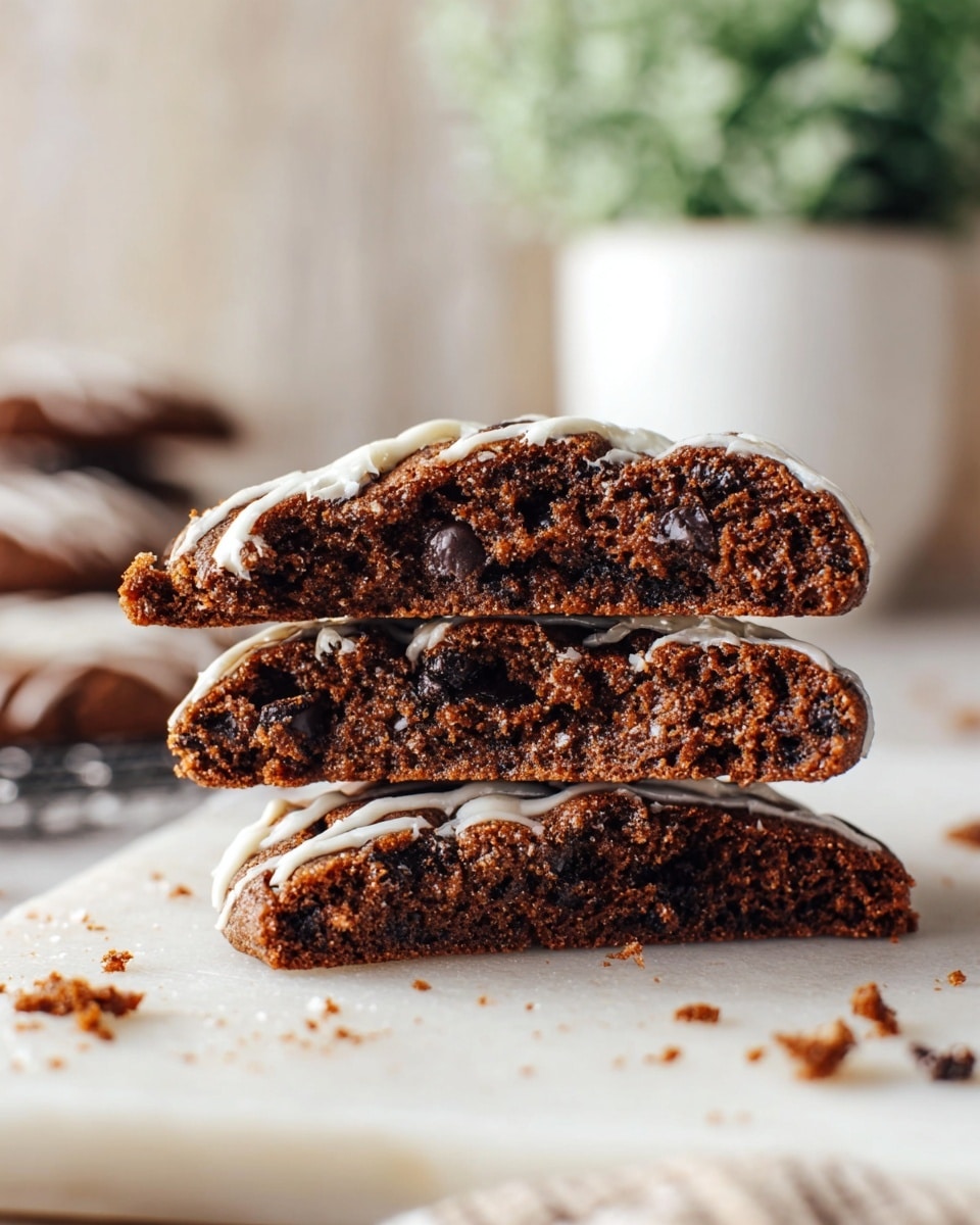 The image shows a close-up of a stack of three large, soft chocolate cookies broken in half to reveal their moist, crumbly texture with visible chocolate chips inside. The cookies are deep brown with a light drizzle of white icing on top, adding contrast. The stack sits directly on a white marbled surface with a few crumbs scattered around. In the background, there is a blurred white pot holding green plants, giving a fresh and cozy feel. The lighting is soft and natural, highlighting the rich texture of the cookies. photo taken with an iphone --ar 4:5 --v 7