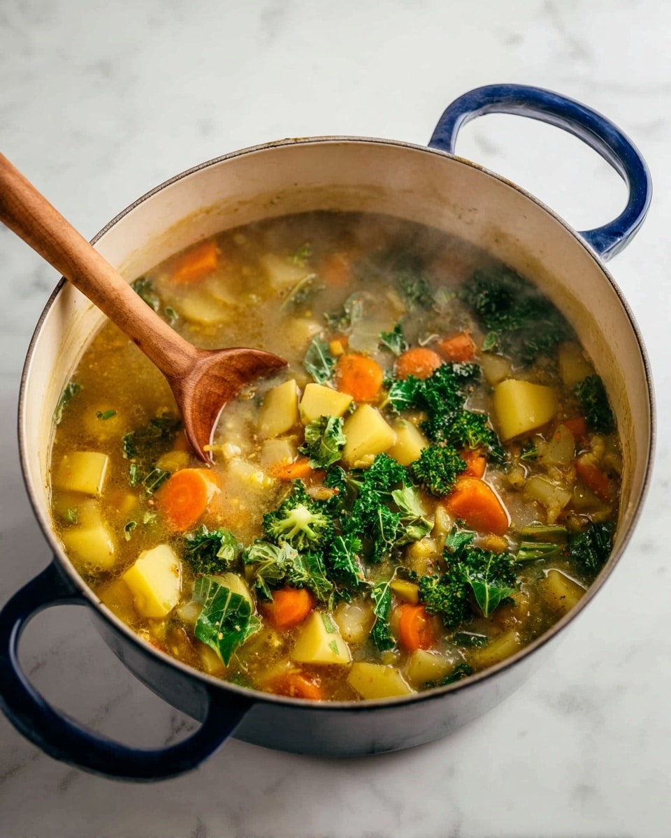 A large white pot filled with a chunky stew that has three main layers: the bottom layer is a light brown broth with visible steam rising, the middle layer includes yellow potato pieces and bright orange carrot slices scattered throughout, and the top layer has green broccoli florets and leafy greens floating on the surface. A wooden spoon is stirring the stew from the left side, dipping into the middle of the pot. The pot has dark blue handles, and it sits on a white marbled surface. Photo taken with an iphone --ar 4:5 --v 7