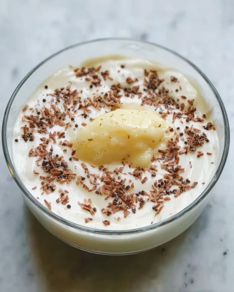 A clear glass bowl filled with a white creamy layer topped with a sprinkle of small, dark brown flakes spread evenly across the surface. In the center, there is a dollop of light yellow, smooth paste sitting gently on the creamy white layer. The bowl is placed on a white marbled surface. photo taken with an iphone --ar 4:5 --v 7