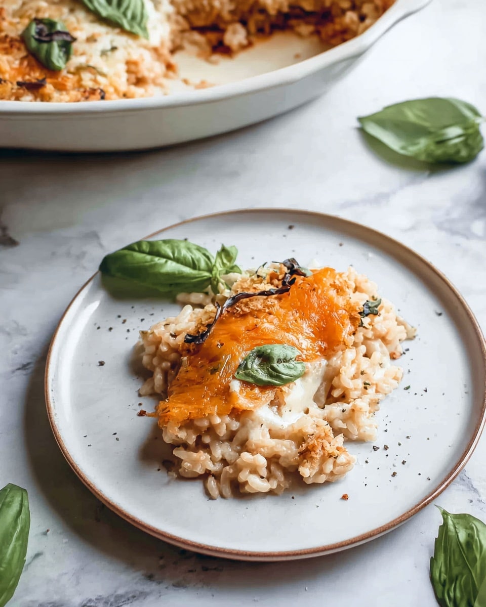The image shows a small white plate with one serving of a casserole dish. The base layer is creamy and light-colored, textured with small rice or pasta grains. On top, there is a melted orange cheese layer that covers part of the dish, slightly browned on the edges. Fresh green basil leaves are scattered on the cheese and around the plate. The plate rests on a white marbled surface that has a few more basil leaves and specks of black pepper scattered on it. In the upper part of the image, part of a larger white pan is visible, showing more of the same dish inside. photo taken with an iphone --ar 4:5 --v 7