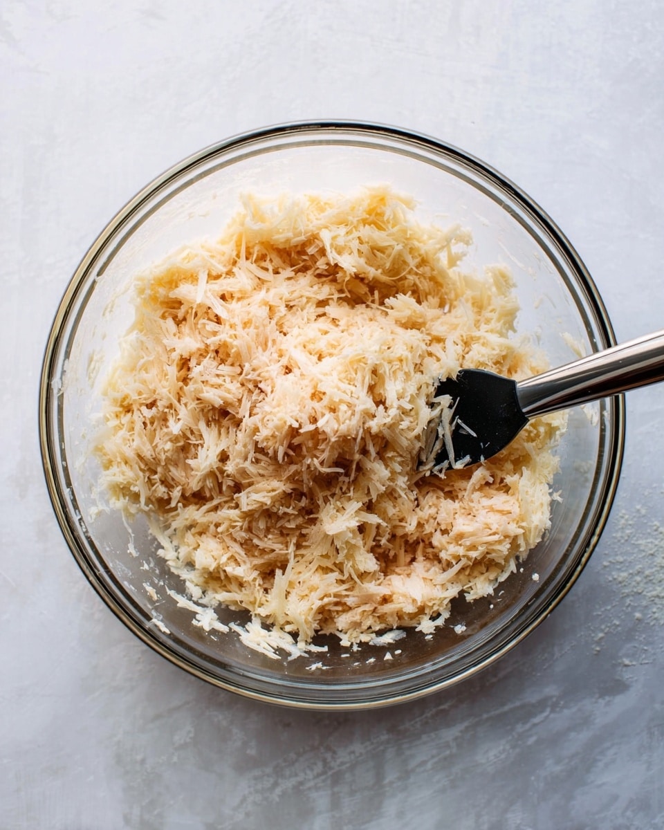 A clear glass bowl sits on a white marbled surface, filled with a mixture of shredded light beige and pale brown pieces that have a soft, moist texture. A black spatula with a shiny handle rests inside the bowl, partly covered by the mixture as if ready to stir. The background highlights the bowl's transparent sides, showing the even mix inside. photo taken with an iphone --ar 4:5 --v 7