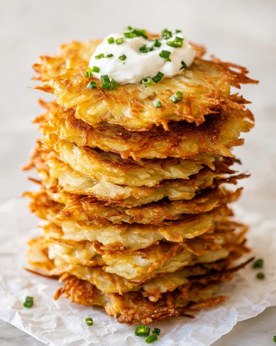 A tall stack of nine golden-brown potato pancakes sits on a piece of white parchment paper over a white marbled surface. Each pancake is thin with a crispy, slightly uneven edge and a textured surface showing shredded potato strands. The top pancake is decorated with a dollop of white sour cream and small green chive pieces scattered on and around it, adding a fresh color contrast. The stack is well-lit, highlighting the crispiness and rough texture of the pancakes. Photo taken with an iphone --ar 4:5 --v 7