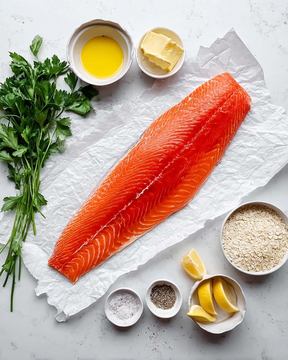 A large, bright orange salmon fillet lies flat on crinkled white parchment paper, showing its smooth, shiny texture with visible natural lines along the flesh. Around the fillet, small white bowls are arranged on a white marbled surface: one bowl with light yellow melted butter, another with lemon slices, a bunch of fresh green parsley, a bowl with grated white cheese, and three small white dishes holding beige oatmeal, light tan seasoning, and a mix of white salt and black pepper. The setting is simple and clean, highlighting the fresh ingredients with soft natural light. photo taken with an iphone --ar 4:5 --v 7