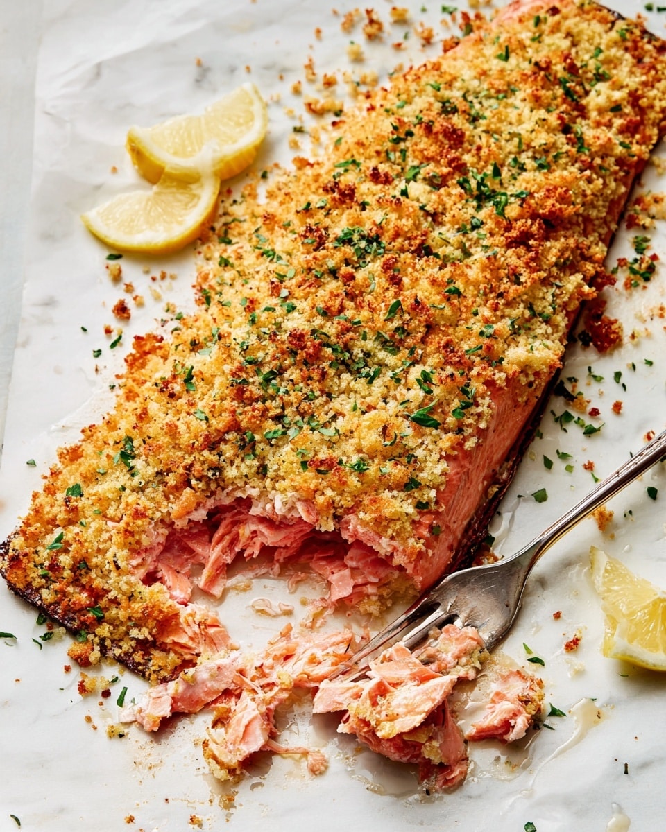 A large piece of cooked salmon with a thick top layer of golden brown crispy crumb topping that looks crunchy and uneven, sprinkled with chopped green herbs. The salmon beneath is pink and flaky, partially broken with a fork on the right side, showing its soft texture. Two lemon wedges sit near the salmon on a white marbled surface, which holds the dish. The overall scene is bright with a mix of warm colors from the topping and soft pink from the fish, with scattered crumbs and herbs around the salmon. Photo taken with an iphone --ar 4:5 --v 7