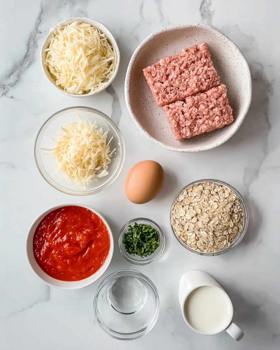 The image shows several ingredients arranged neatly on a white marbled surface. At the top center, there is a white speckled bowl holding two rectangular portions of pink ground meat. Below it, in a triangle shape, there are three small bowls: one full of shredded white cheese on the left, one with grated pale yellow cheese in the middle, and one small glass bowl of water on the right. To the bottom left, there is a white bowl filled with bright red tomato sauce. Near the center, there are three garlic cloves and a brown egg placed side by side. At the center right, there is a white bowl filled with light beige rolled oats. A small clear bowl with chopped green herbs sits just below the egg, and to the bottom right, there is a white cup with milk. The setup is clean and simple, with each ingredient clearly visible. Photo taken with an iphone --ar 4:5 --v 7