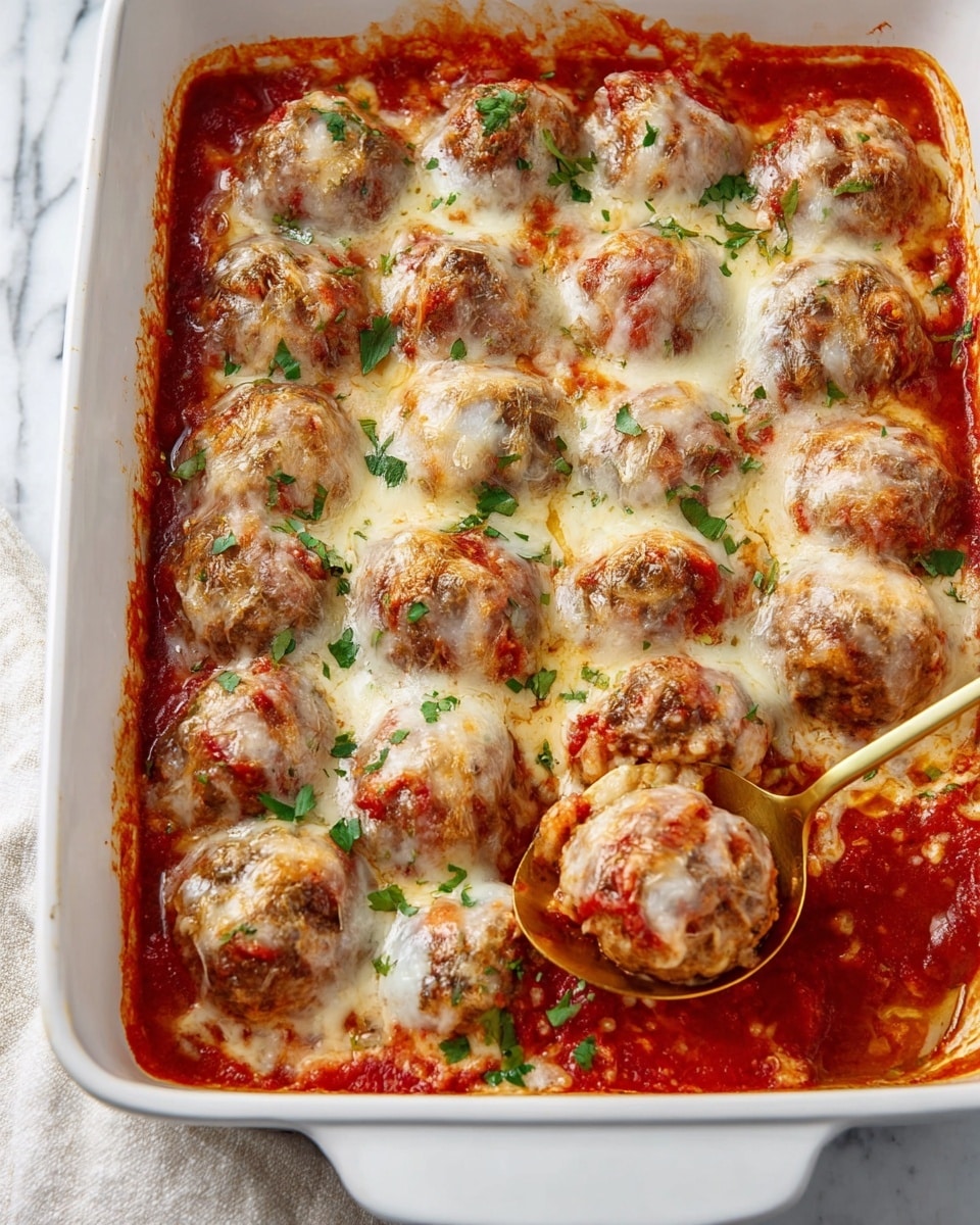 The image shows a white baking dish filled with many cheese-covered meatballs in a red tomato sauce, with some green herbs sprinkled on top. Each meatball is round and browned, layered with melted white cheese that is slightly browned in places, and red tomato sauce peeks through under and on the cheese. The dish looks bubbling and hot, with sauce spots around the edges of the baking dish. A gold spoon lifts a couple of meatballs from the bottom right corner of the dish. The background is a white marbled surface. photo taken with an iphone --ar 4:5 --v 7