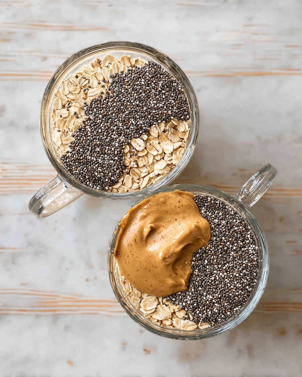 Two clear glass bowls with handles are placed on a white marbled surface. Each bowl is filled with layers starting with light beige oats at the bottom, topped thickly with small black chia seeds, and finished with a smooth dollop of light brown almond butter on one side. The textures contrast between the rough oats, tiny seeds, and creamy nut butter. The image is calm and clear, showing the simple ingredients in a neat, overhead view. Photo taken with an iphone --ar 4:5 --v 7