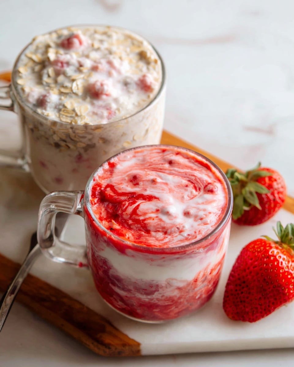 The image shows two clear glass mugs filled with creamy mixtures placed on a white marbled surface with a wooden board nearby. The top mug contains a mix of beige oat-like pieces swirled with white cream and pink strawberry chunks on the top layer. The bottom mug has a vibrant layer of bright red strawberry puree swirled with smooth white cream giving a marbled effect. On the marble surface next to the mugs, there is a whole red strawberry with green leaves and a sliced strawberry revealing the fresh red inside. Photo taken with an iphone --ar 4:5 --v 7