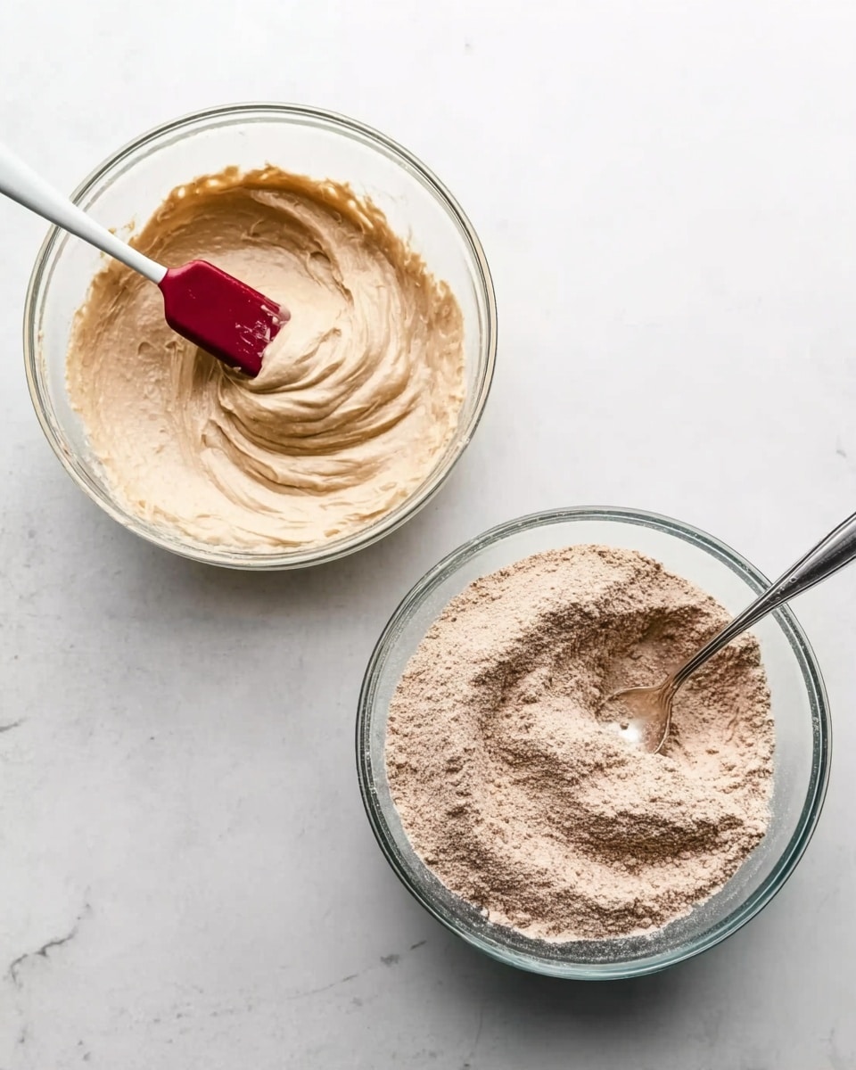 There are two clear glass bowls on a white marbled surface. The bowl on the left has a thick, smooth light beige creamy mixture with a red-tipped spatula resting inside it. The bowl on the right has a dry mix of light brown powder with some white specks; a silver spoon is partially dipped in the powder, creating a small swirl. Both bowls show clear texture contrasts between creamy and powdery contents. Photo taken with an iphone --ar 4:5 --v 7