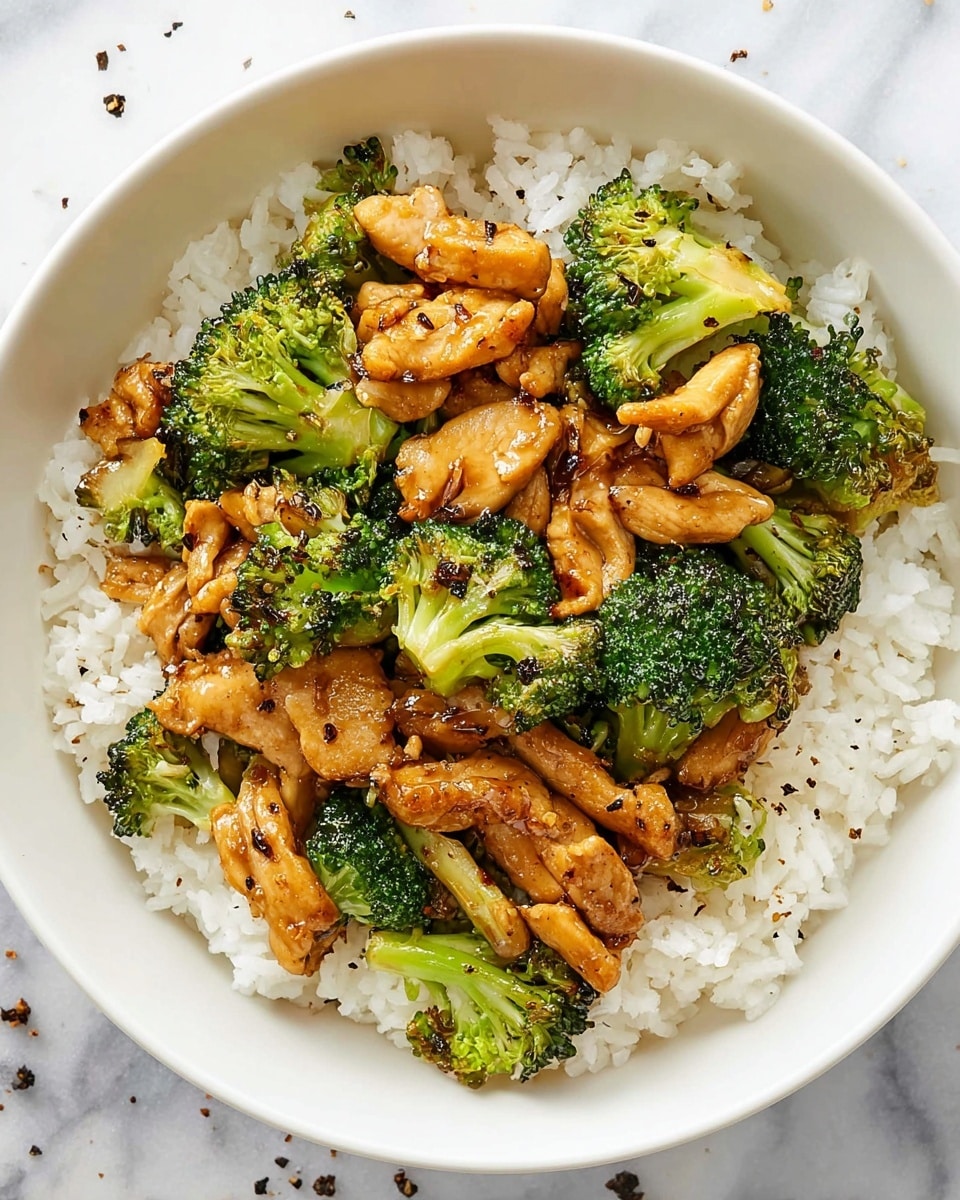 A white round bowl filled with two layers: the bottom layer is white rice with a soft and fluffy texture, slight black pepper specks spread evenly throughout; the top layer is stir-fried pieces of golden-brown chicken mixed with bright green broccoli florets that have a slightly shiny, cooked surface. The chicken pieces are irregular in shape and glossy with sauce, scattered naturally among the broccoli. The bowl is placed on a white marbled surface with a few scattered black pepper flakes around it. Photo taken with an iphone --ar 4:5 --v 7