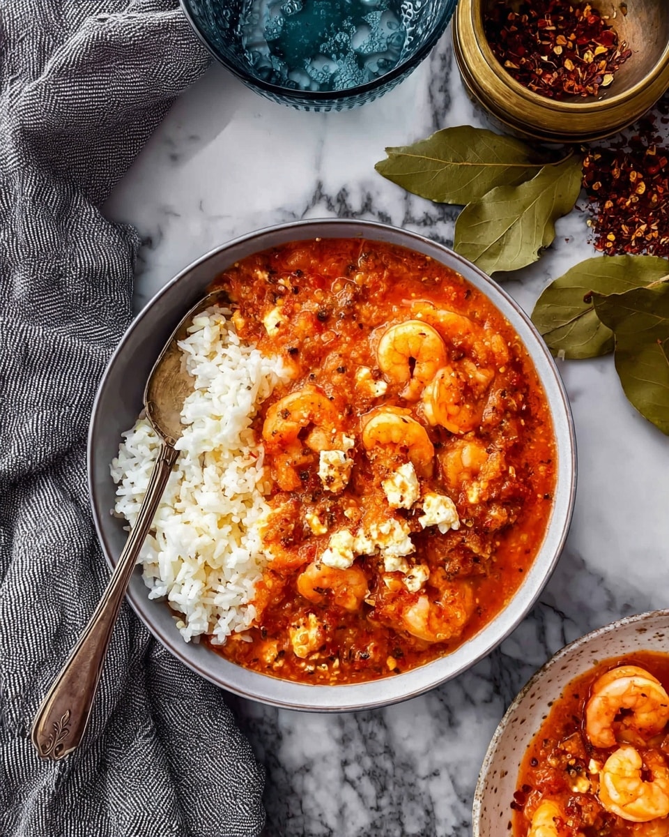 A white bowl holds a two-layer dish placed on a white marbled surface. The bottom layer is plain white rice, smooth and slightly fluffy, filling half the bowl. On top, there is a thick, chunky red-orange sauce with large shrimp and bits of white melted cheese scattered unevenly, adding a creamy texture. A vintage silver spoon rests inside the bowl, slightly submerged in the sauce. To the left, part of a gray and white striped cloth is visible. In the background, there are green dried leaves and part of a brass container filled with red chili flakes and a tinted blue glass. A white dish with more of the shrimp and sauce sits partially in the lower right corner. Photo taken with an iphone --ar 4:5 --v 7