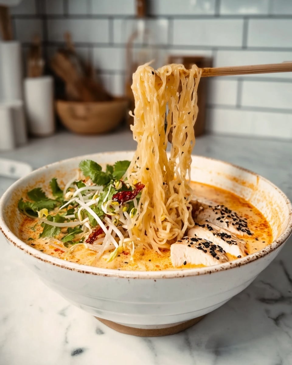 A large white bowl filled with creamy orange soup, with thick noodles lifted up from the center, showing their smooth, shiny texture. On one side inside the bowl, there are slices of white chicken meat topped with black sesame seeds. Around the edges of the bowl, there are fresh green herbs and bean sprouts adding different shades of green and white to the dish. The bowl is placed on a white marbled surface, with a blurred kitchen background of white tiles and containers. Photo taken with an iphone --ar 4:5 --v 7