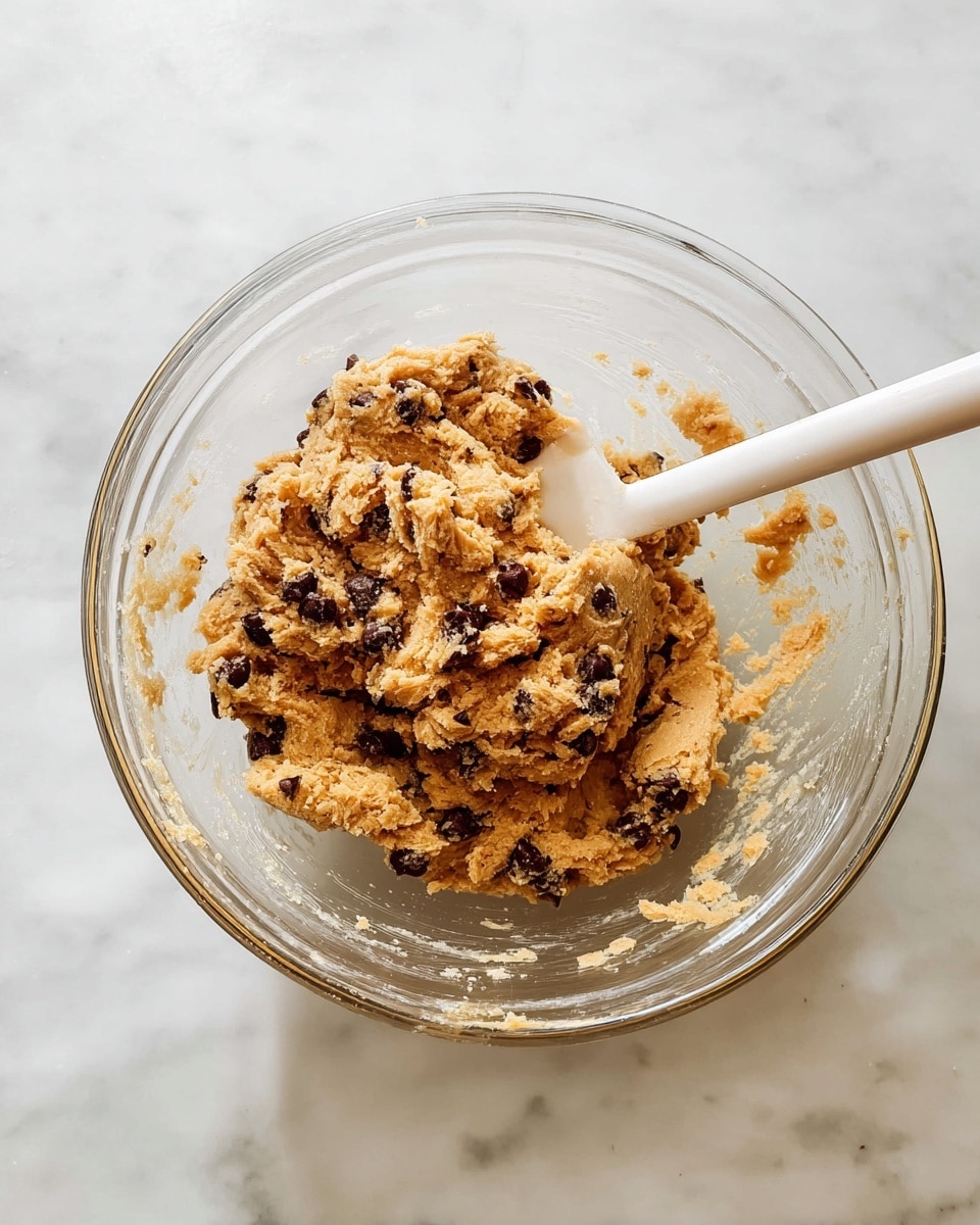 A clear glass bowl holds thick, light brown cookie dough with visible dark chocolate chips mixed evenly throughout. The dough has a rough, slightly crumbly texture and fills the bowl about halfway. Inside the bowl, near the dough, there is a white spatula resting, partly covered in dough. The bowl is set on a white marbled surface, which acts as the background. photo taken with an iphone --ar 4:5 --v 7