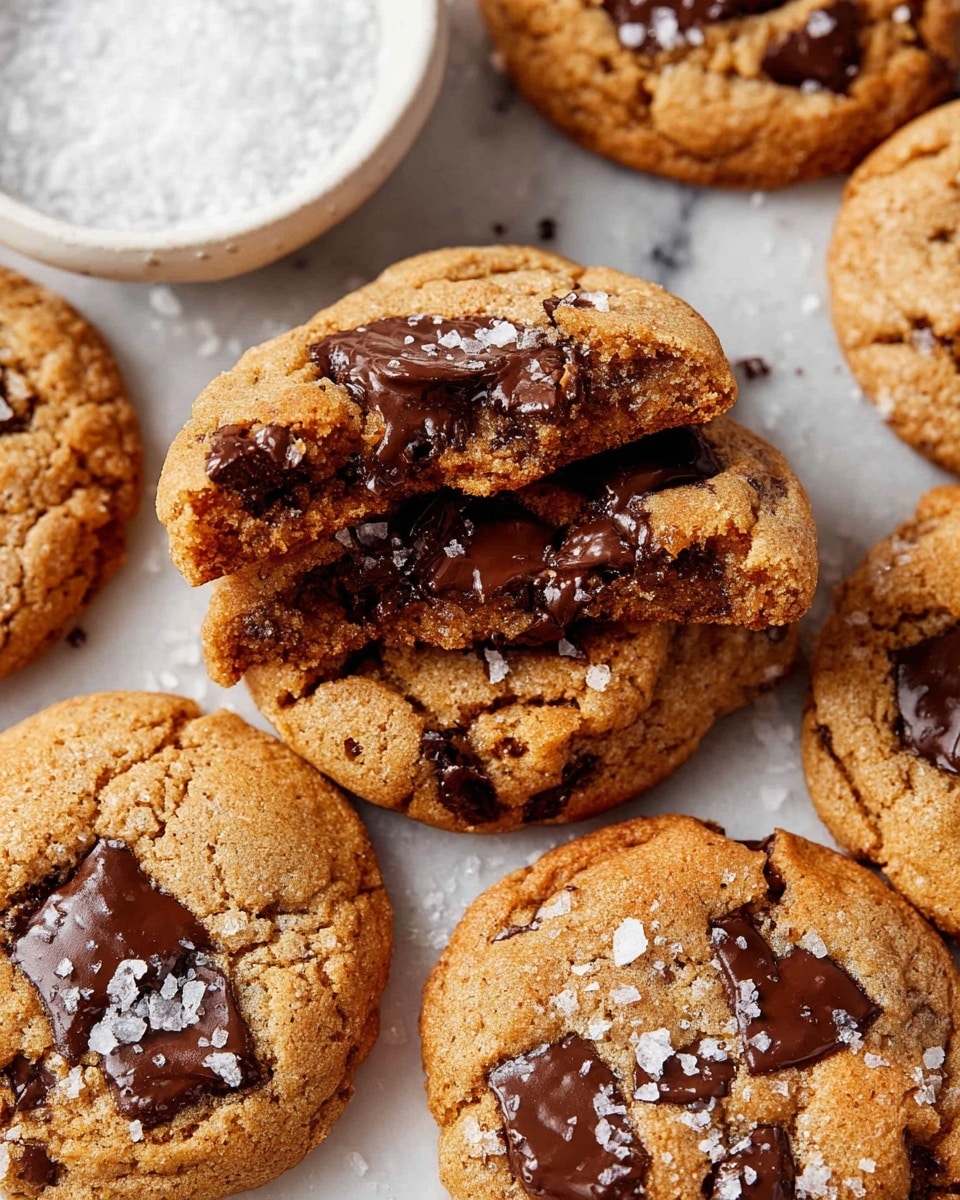 A group of golden brown cookies with a soft, slightly bumpy texture, each topped with several shiny dark chocolate chips. One cookie is broken in half and stacked in the center, showing a dense warm brown inside filled with melted dark chocolate chunks. A few cookies have small white flakes of salt on top. They rest on a white marbled surface next to a white bowl filled with white salt crystals. The scene is bright and close up, photo taken with an iphone --ar 4:5 --v 7