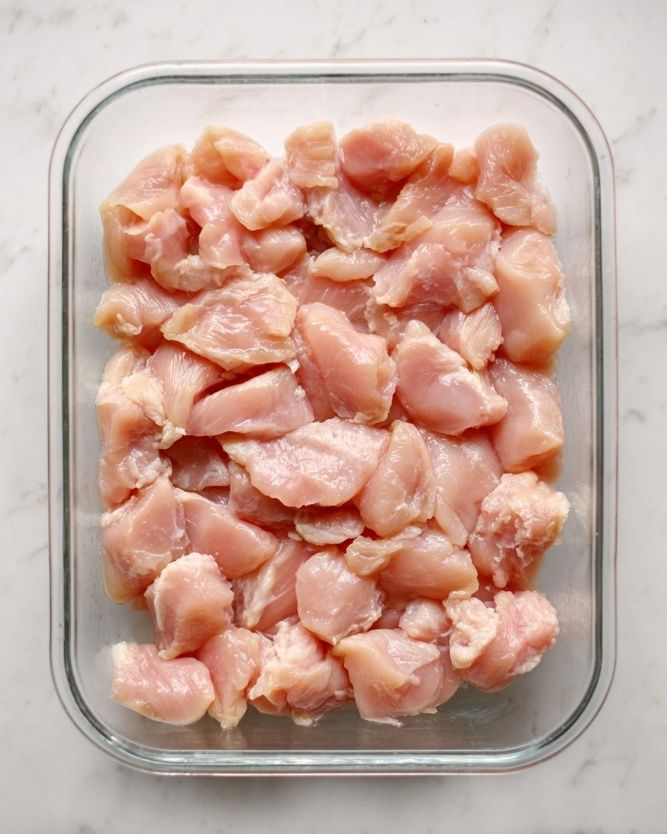 The image shows a clear glass baking dish placed on a white marbled surface, filled with small, raw, light pink pieces of chicken spread out evenly in one layer, covering the whole dish. The texture of the chicken is smooth and fresh, with some pieces slightly overlapping each other. No other ingredients or decorations are visible. Photo taken with an iphone --ar 4:5 --v 7