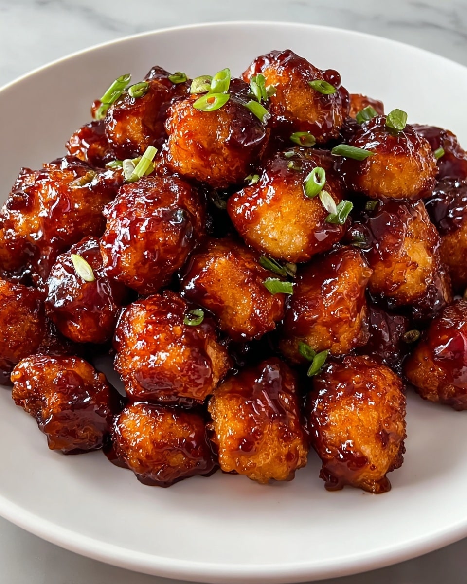 A white plate is filled with a pile of small, round, golden-brown fried pieces covered evenly in a thick, shiny dark reddish-brown sauce. The pieces have a crispy texture visible beneath the sauce, and some small green onion bits are sprinkled on top for color contrast. The plate is placed on a surface with a white marbled texture, giving a clean and bright background. photo taken with an iphone --ar 4:5 --v 7